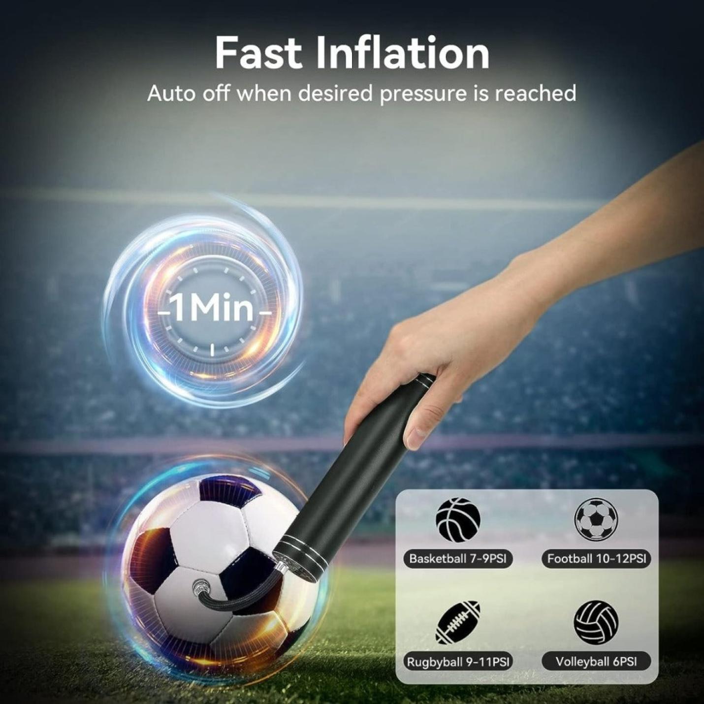 Een opblaasgemak met intelligentie die een voetbal oppompt, met aanwijzingen voor snelle uitval en automatische uitschakelfuncties.
