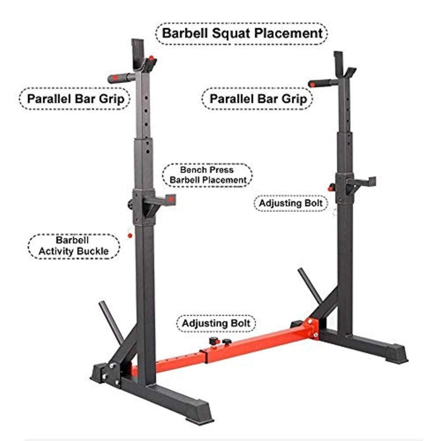 Verstelbaar squatrek: de ultieme alleskunner voor een complete lichaamstraining met labels die de onderdelen voor barbell squat plaatsing, parallelle stanggrepen, bankdruk plaatsing, activiteitgesp en verstelbare bouten aangeeft.