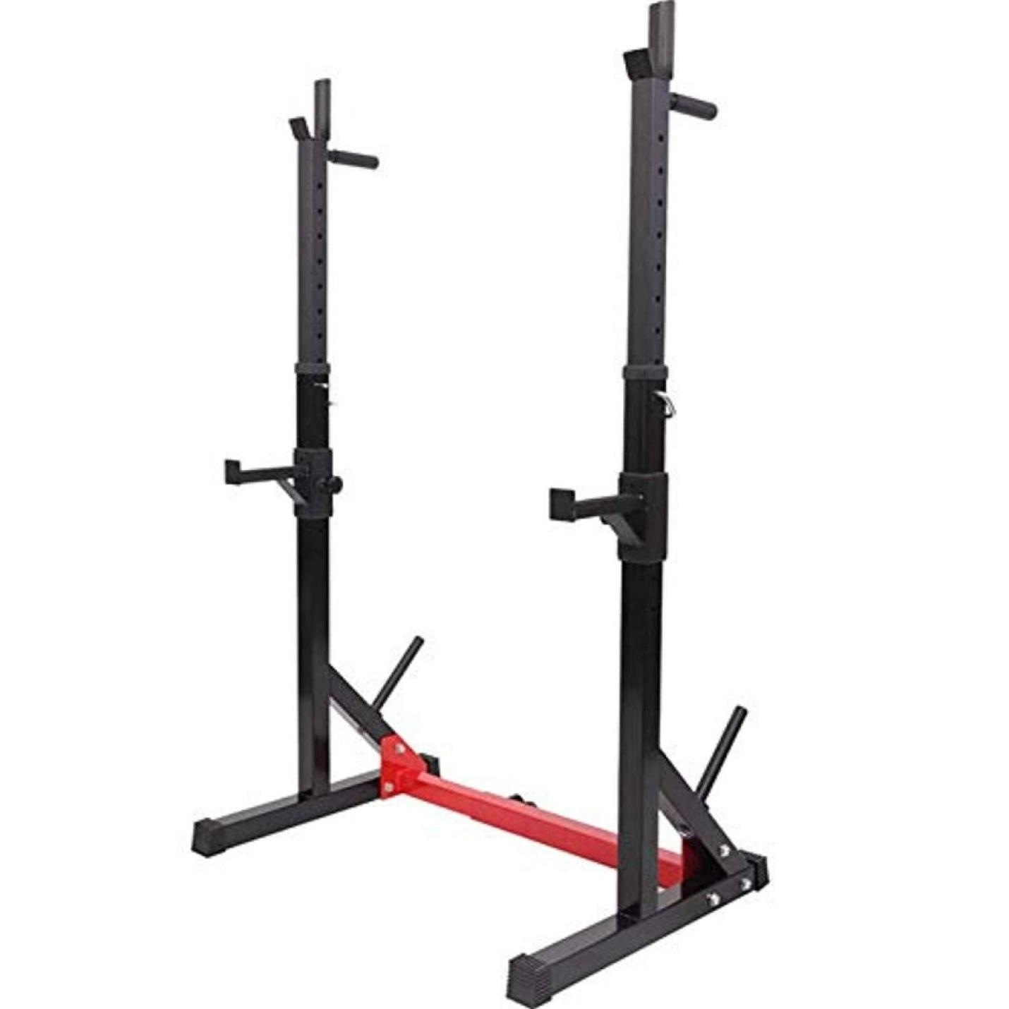 Verstelbaar squatrek met meerdere hoogte-instellingen en een stevige basis, geïsoleerd op een witte achtergrond, perfect voor multifunctionele lichaamstraining.