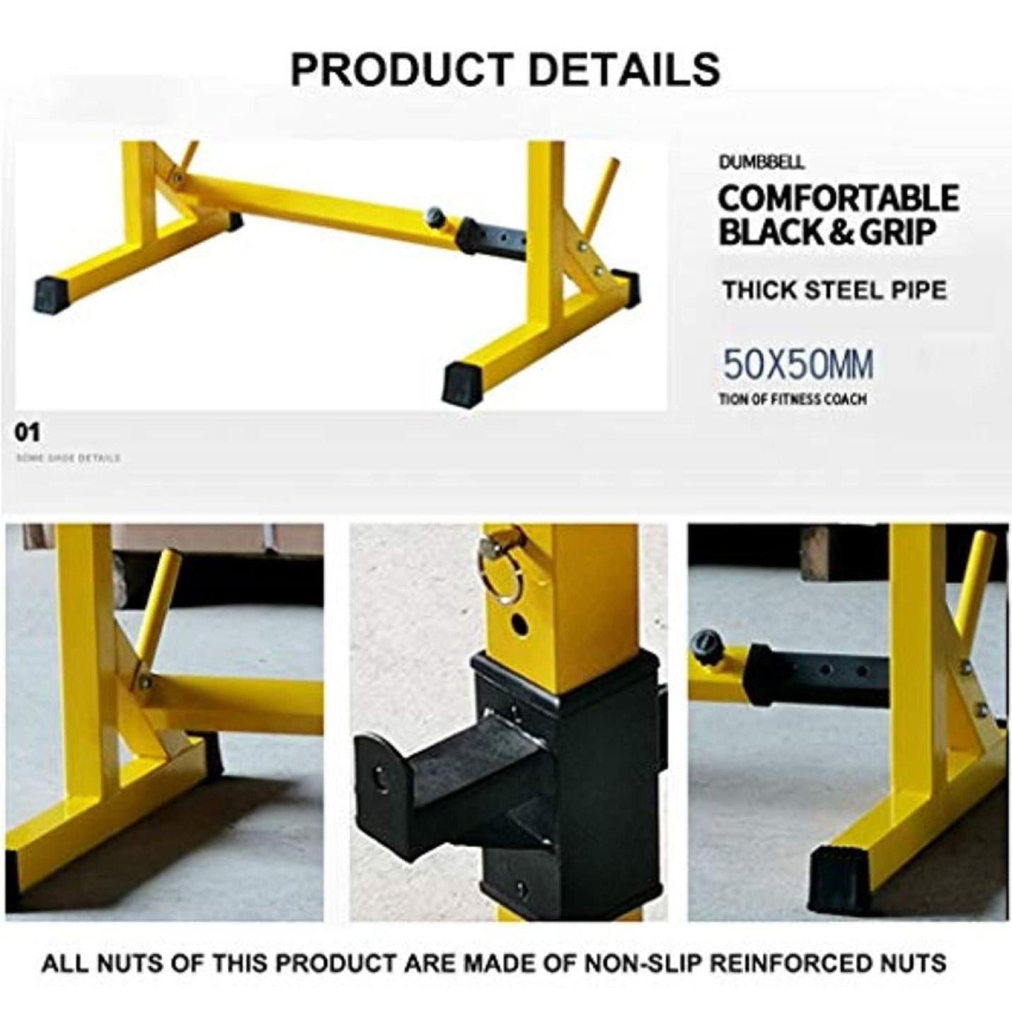 Collage van een geel en zwart Squat rack voor krachttraining, waarbij de nadruk ligt op de kenmerken ervan, zoals antislip versterkte moeren en dikke stalen buisstructuur.