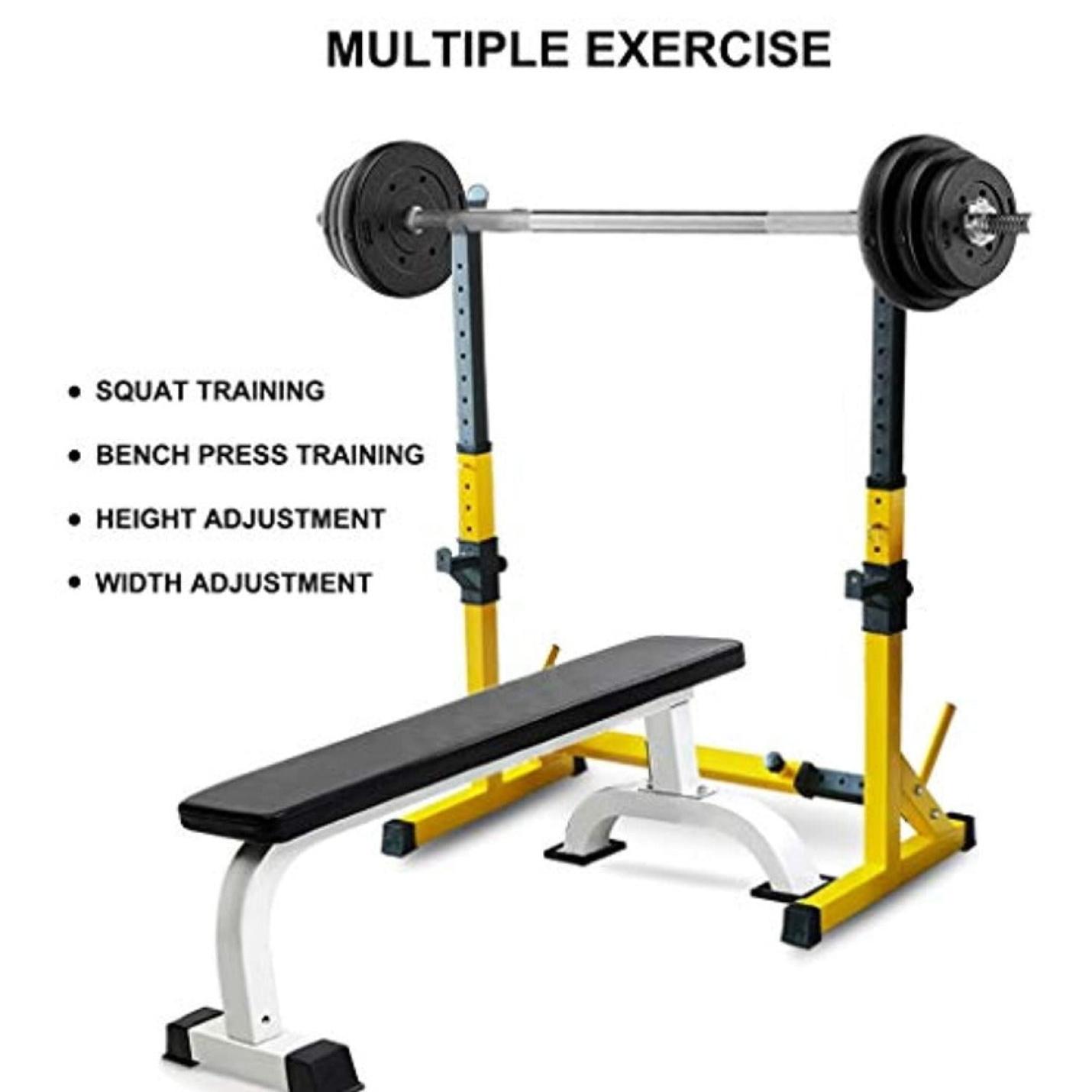 De verstelbare krachtbank met Squat rack, met hoogte- en breedteverstellingsmogelijkheden voor verschillende oefeningen.