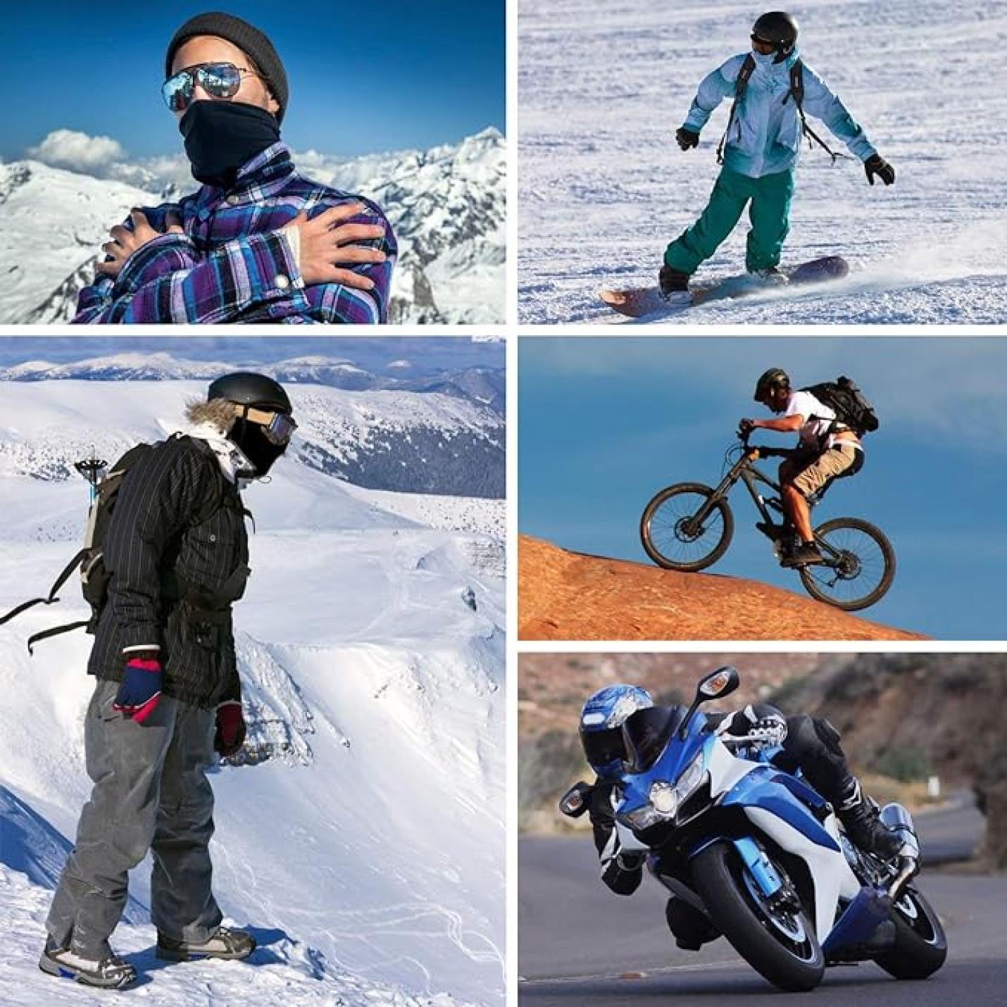 Montage van buitenactiviteiten: linksboven een persoon in winterkleding op een besneeuwde berg; rechtsboven snowboarden met onze multifunctionele bivakmuts; linksonder skiër op een piste met onze multifunctionele bivakmuts; rechtsonder, crossmotorrijden en motorracen met onze multifunctionele bivakmutsen.
