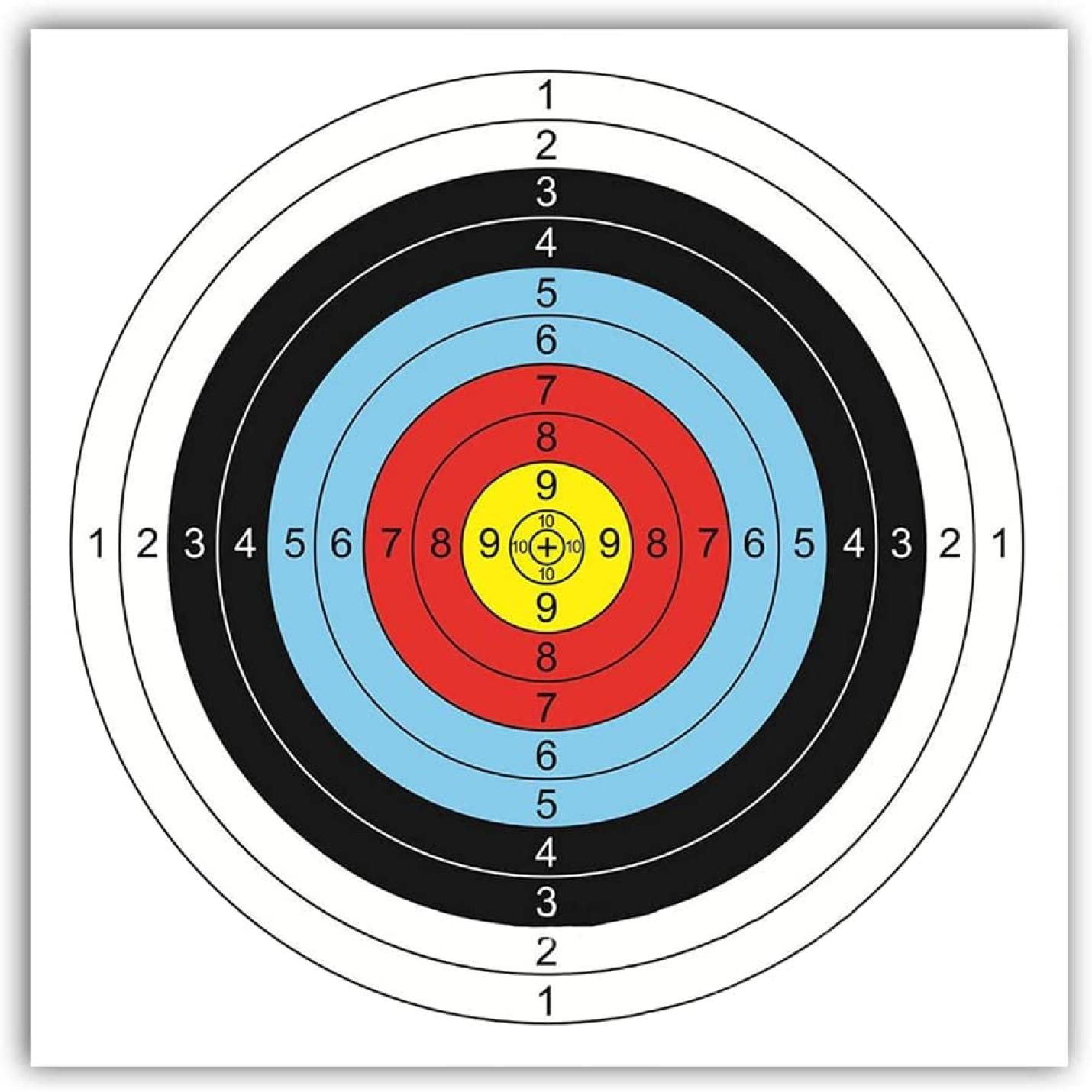 Verbeter je boogschietvaardigheden met onze kunstpapieren doelen met concentrische cirkels in wit, zwart, blauw, rood en geel, scores van 1 tot 10 naar het midden teen. Dit waargenomen is waterbestendig.