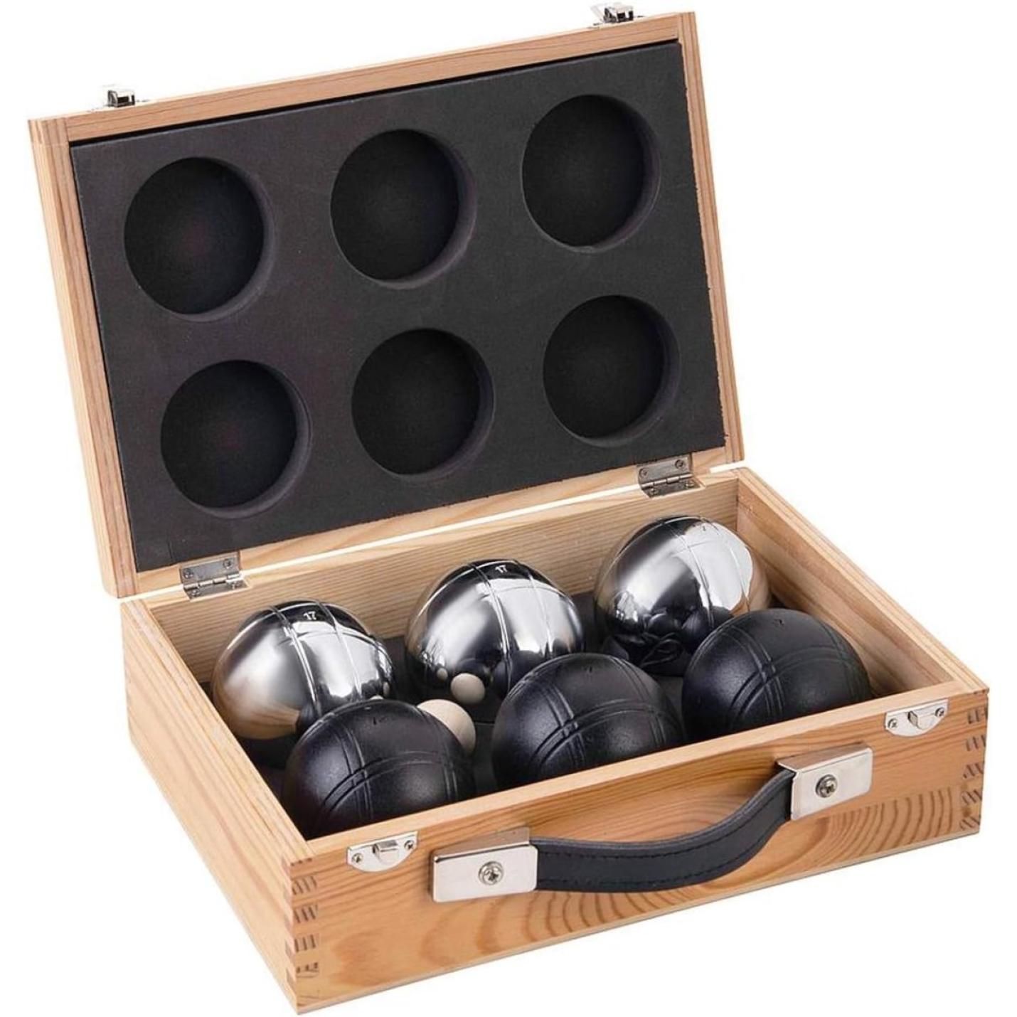 Set Luxe jeu de boules in houten kist met zwarte voering: Geniet van stijlvolle petanque spelplezier met deze luxe petanqueset.