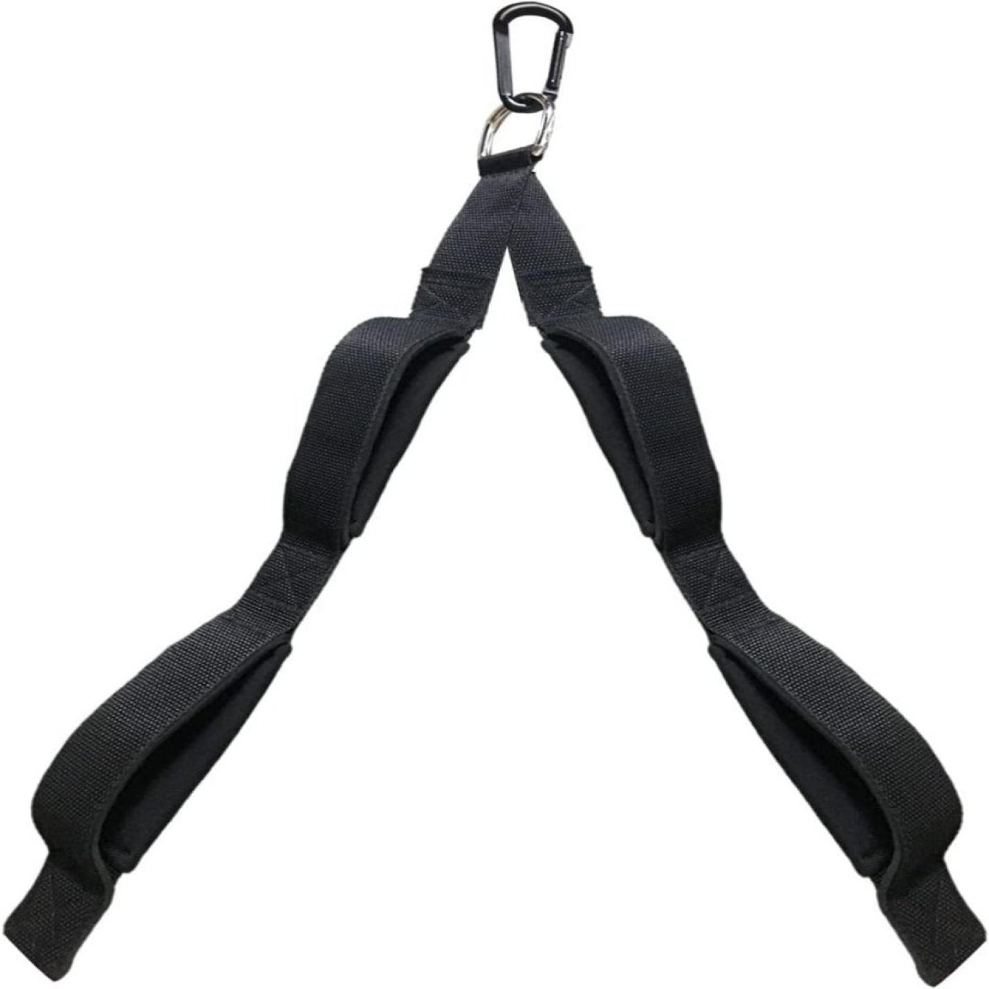 Een zwarte weerstandsband met een metalen karabijnhaak en twee neopreen handgrepen. Bouw grotere, sterkere triceps met de tricepsband.