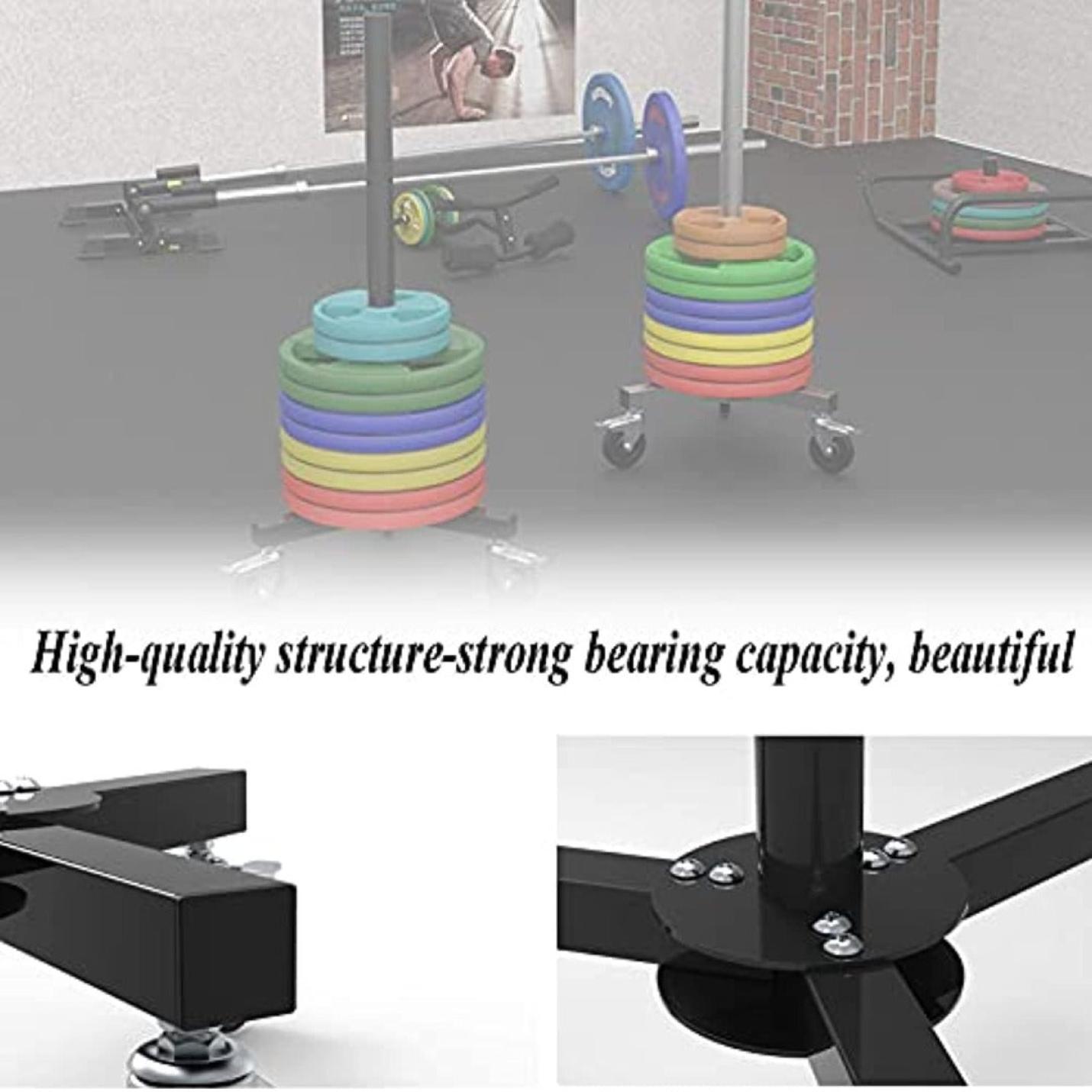 Opslagoplossing voor bumperplatenrek: De ideale opslagoplossing voor je haltertegengewichtplaten met kleurrijke bumperplaten in een sportschoolsetting, met close-ups van hun robuuste metalen bases en zwenkwielen voor mobiliteit. De tekst voornamelijk de hoogste structuur en dra.