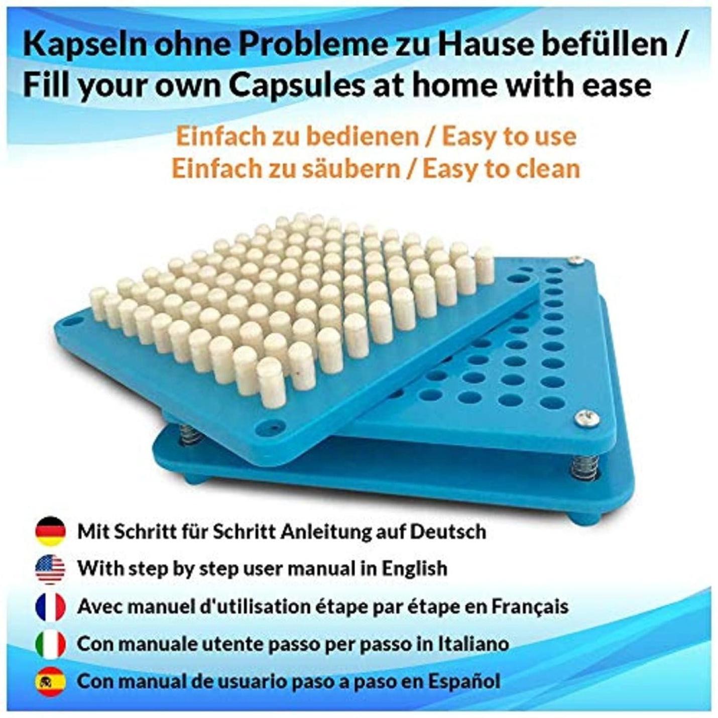 Creëer je eigen capsules thuis met gemak dankzij de uitgebreide Capsulevulmachine 0 met talloze witte capsules erop, naast meertalige instructie-highlights, met de nadruk op gebruiksgemak en reiniging.