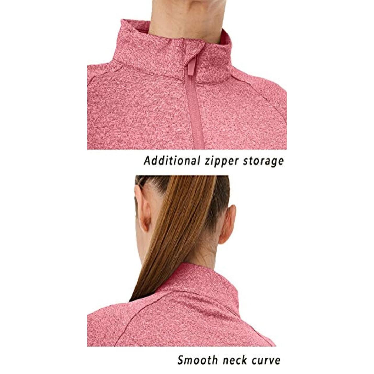 Close-up van een vrouw die een Pink Hill-jack draagt met een hoge kraag en een opbergruimte met een kwart ritssluiting, wat het gladde nekcurve-ontwerp van het kledingstuk demonstreert.