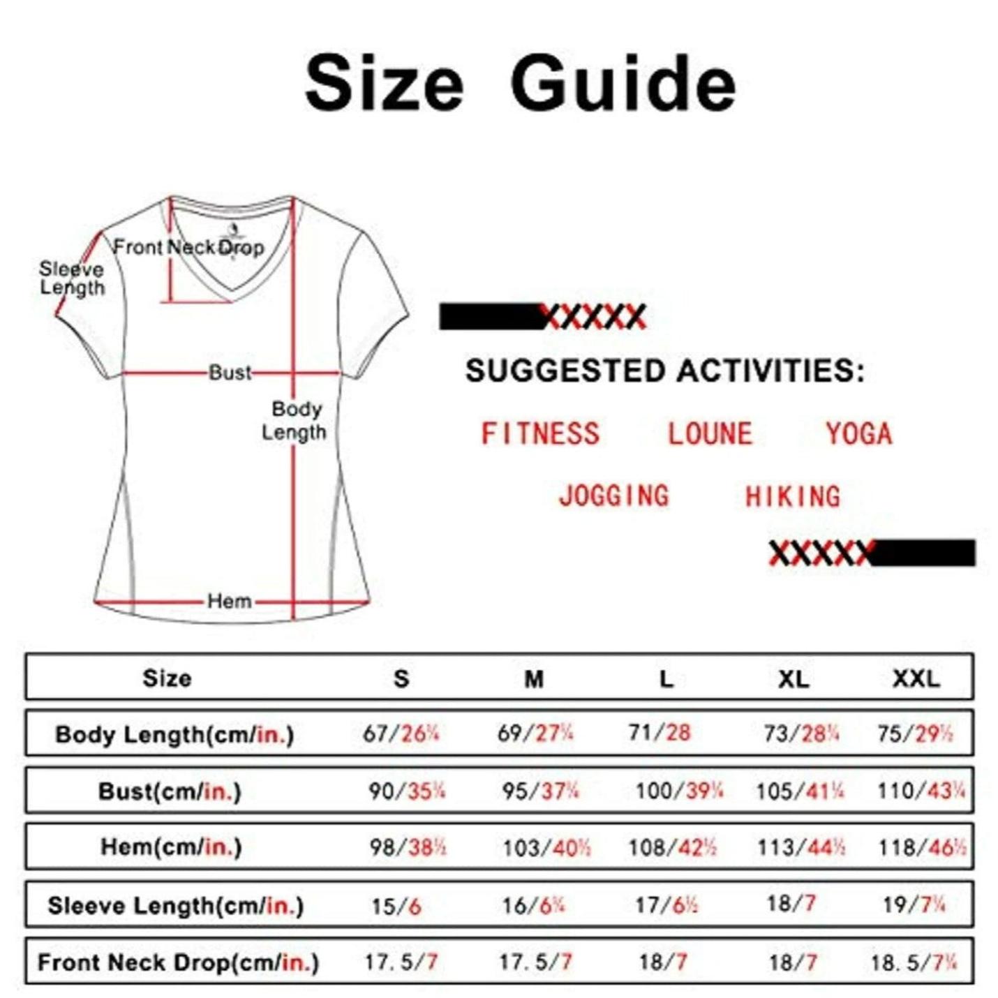 Illustratie van een Ervaar optimaal comfort en stijl met ons dames sportshirt met V-hals maattabel met afmetingen voor verschillende maten en voorgestelde activiteiten, waaronder joggen, wandelen en yoga. Het diagram benadrukt de comfortabele pasvorm en de V-halsstijl die uniek is voor elke maat.