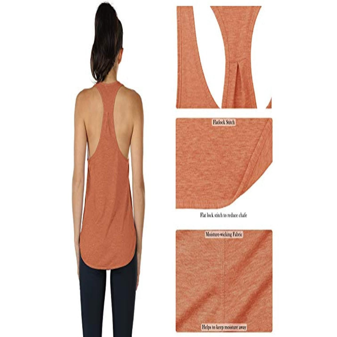 Samengestelde afbeelding van een vrouw die de Ontdek de stijlvolle en functionele dames tanktop sporttop racerback draagt, met close-ups van de flatlocksteek en vochtafvoerende, ademende stoffen details.