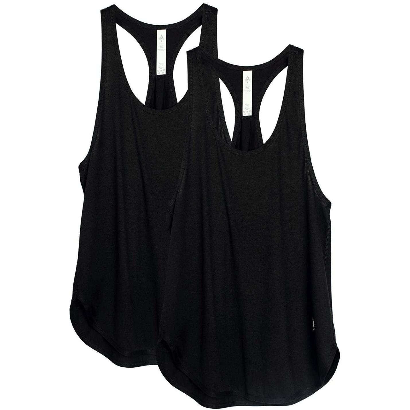 Twee Ontdek de stijlvolle en functionele dames tanktop sporttops racerback weergegeven tegen een witte achtergrond.