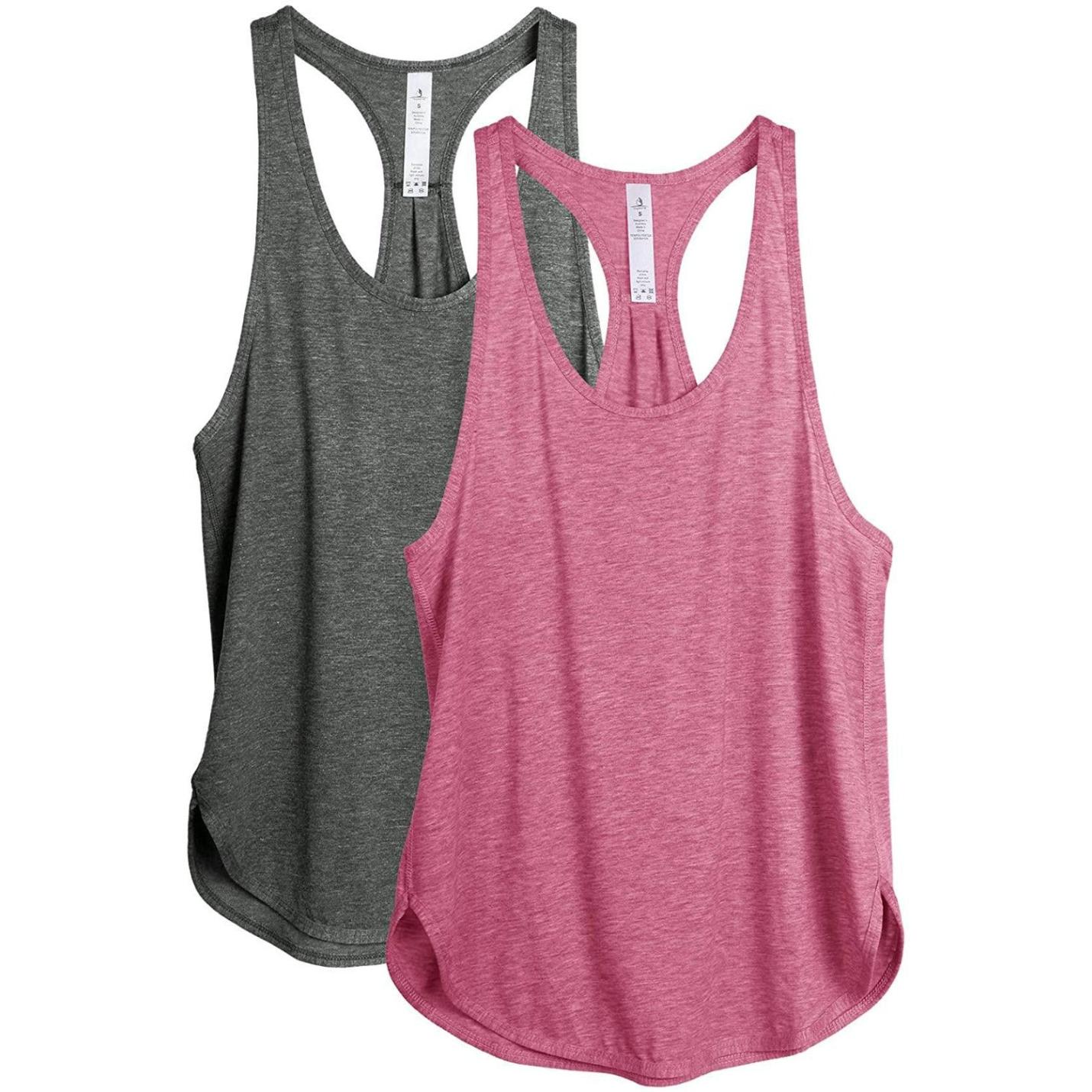 Twee Ontdek de stijlvolle en functionele dames tanktop sporttop racerback, één grijs en één roze, weergegeven tegen een witte achtergrond.