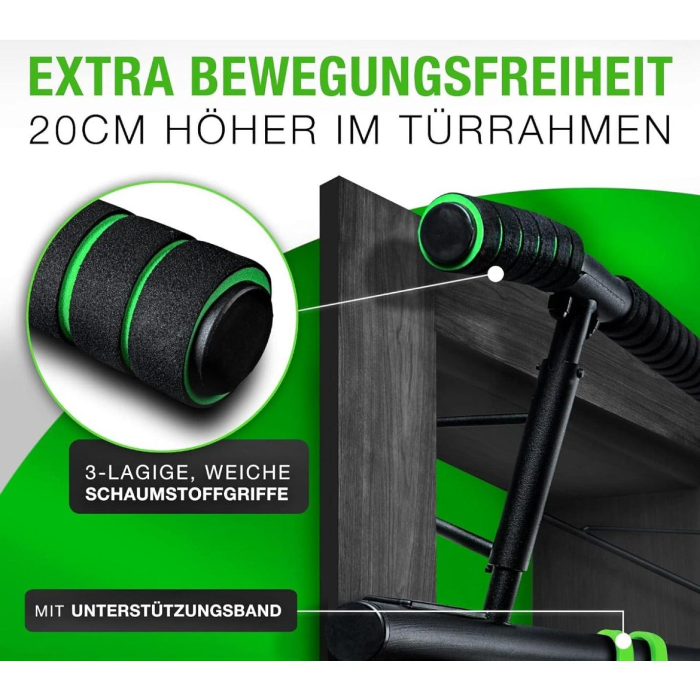 De optrekstang waarmee je thuis een complete training krijgt, krijgt zur Türmontage met Schaumstoffgriffen en Unterstützungsband uit hoge werkkracht Stahl, met een hoogte van 20 cm zusätzliche Höhe voor Beweg.