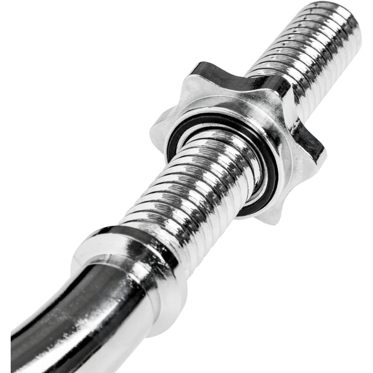Close-up van De perfecte curlstang voor thuis met een draaduiteinde en een stervormig verstelbaar gewichtsslot.