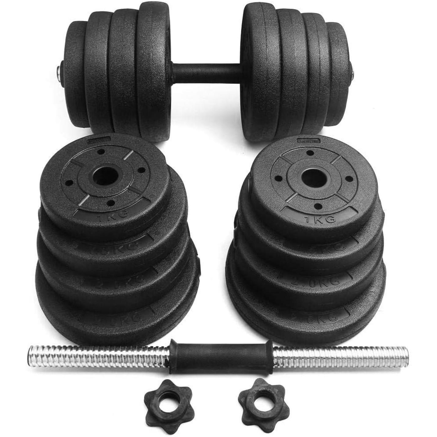 De perfecte halterset voor krachttraining thuis met meerdere zwarte gewichtsschijven, een metalen stang en stervergrendelingskragen, ideaal voor biceps curls en shoulder presses.
