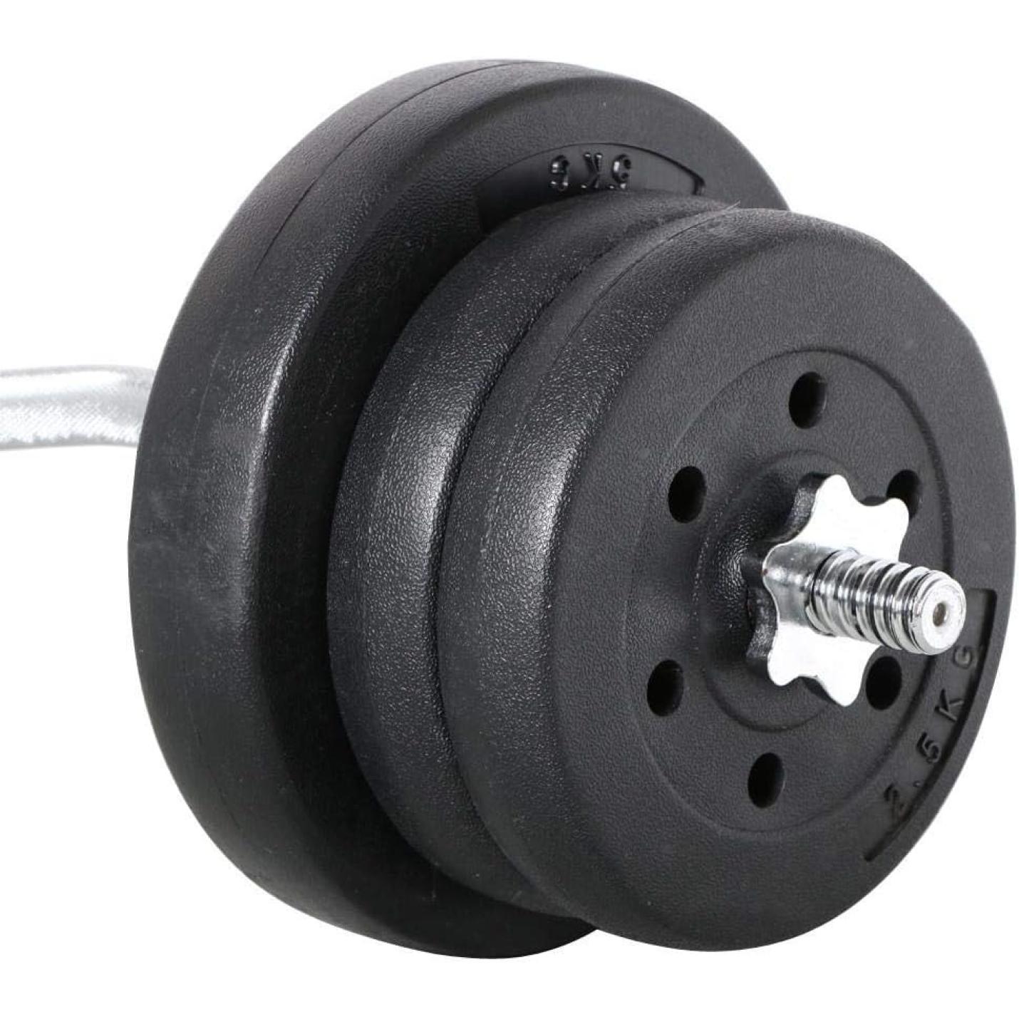 De perfecte SZ curlstang voor een sterkere biceps met meerdere halterschijven en een gekartelde greep op een witte achtergrond.