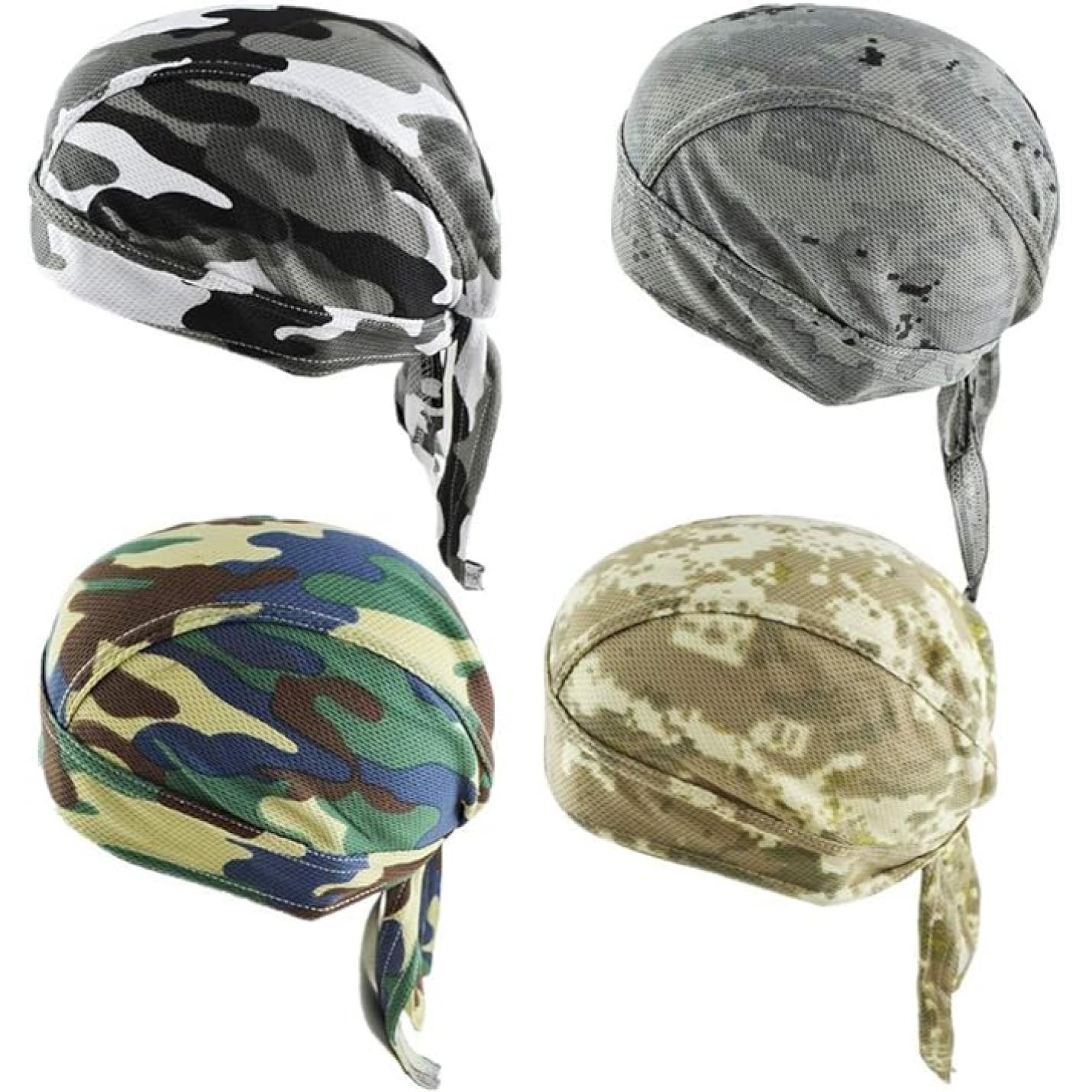 Vier verschillende De ultieme multifunctionele bandana's voor elke buitenactiviteit, gemaakt van ademend materiaal, weergegeven op een witte achtergrond.