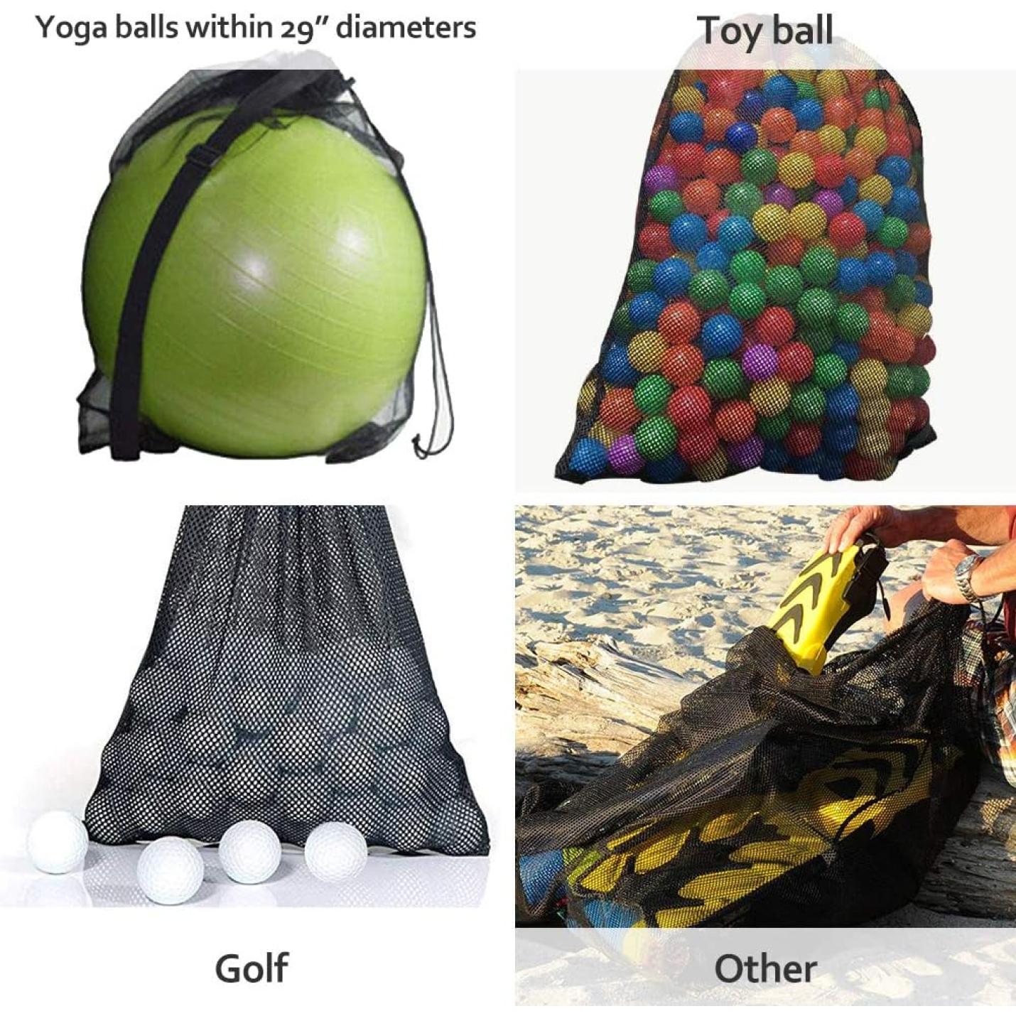 Collage van vier afbeeldingen met een groene yogabal in een voetbaltas die je nodig hebt om je team te laten winnen, een net gevuld met kleurrijke speelgoedballen, witte golfballen in een zwart net, en een persoon die een schoen uit een zwart net haalt buitenshuis.