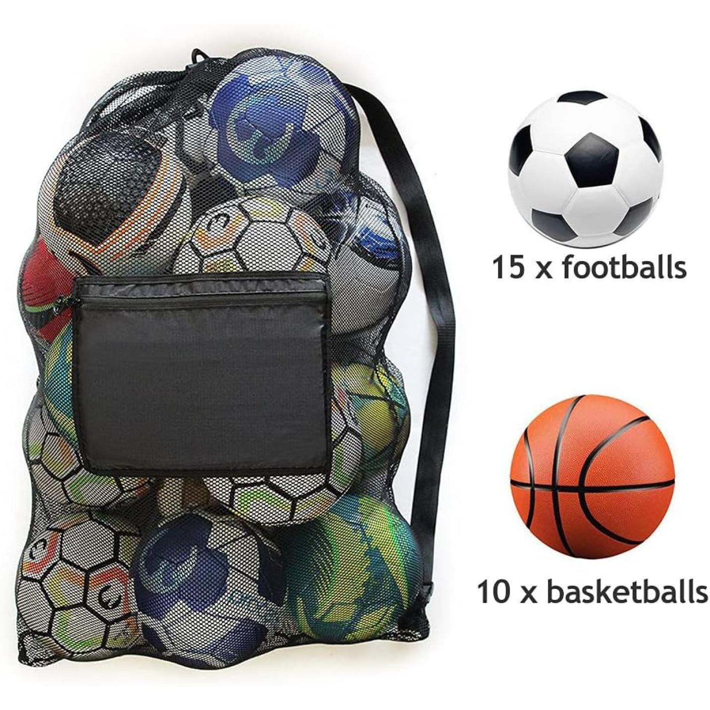 Een duurzame voetbaltas gevuld met verschillende sportballen, inclusief 15 voetballen en 10 basketballen.