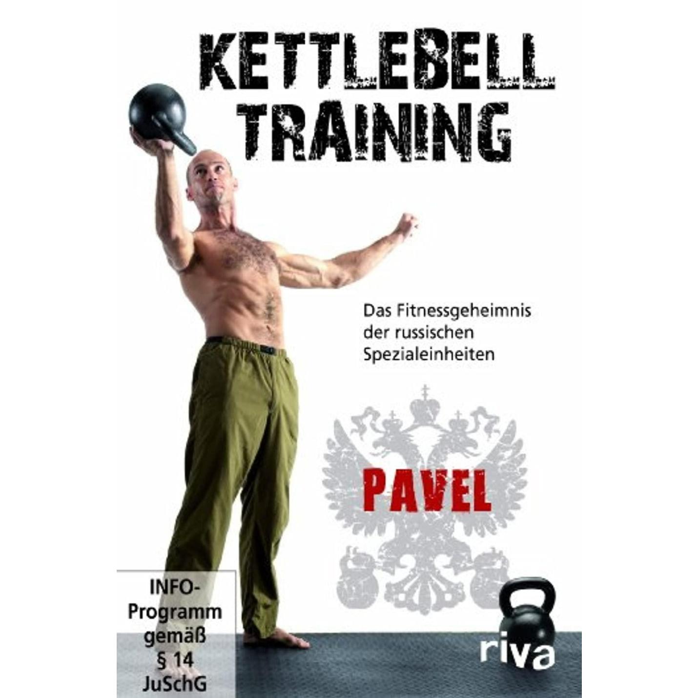 Man met een kettlebell met de titel "DVD - Kettlebell-Training: Das Fitnessgeheimnis der russischen Spezialeinheiten", wat instructieve inhoud over fitness met kettlebells suggereert.
