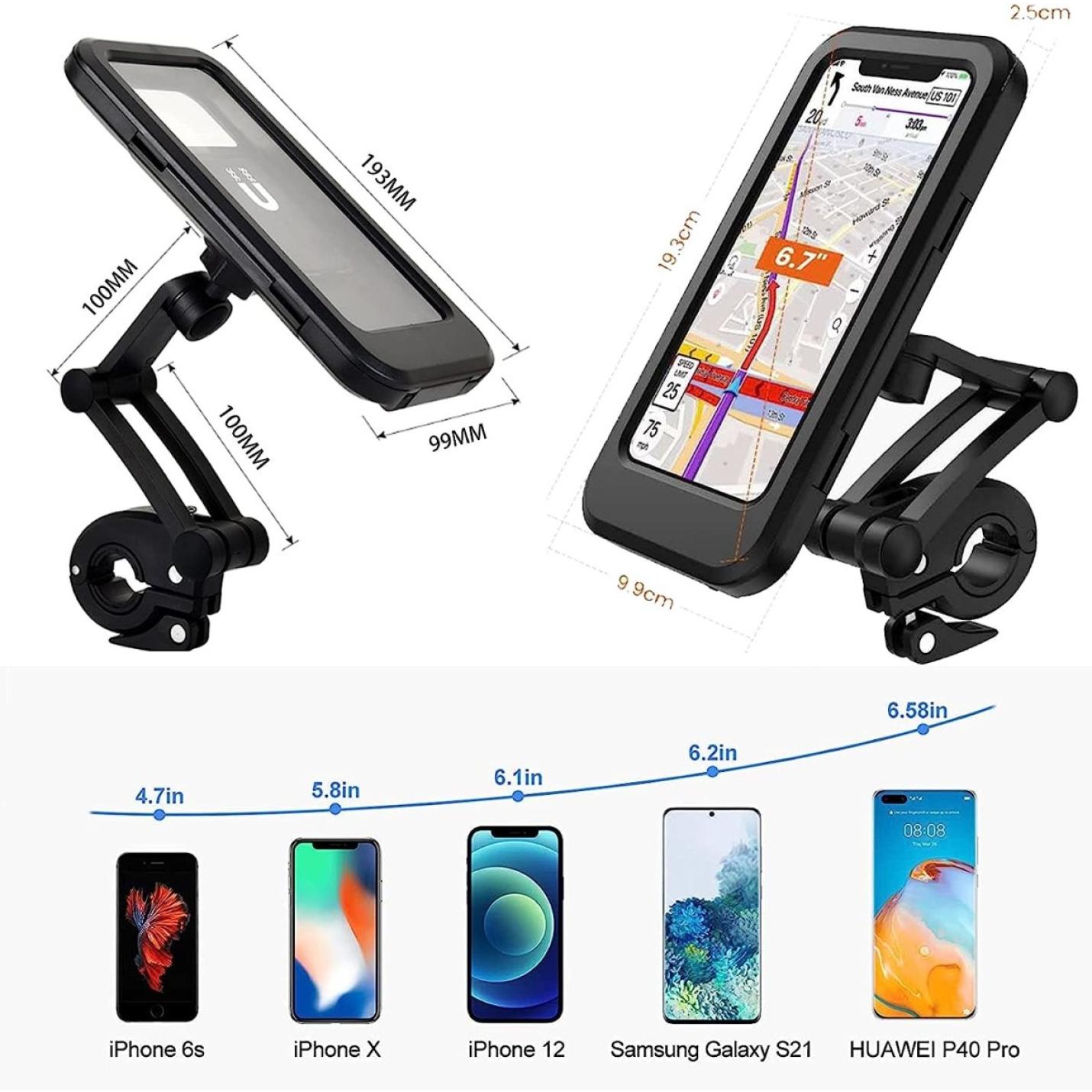 Verschillende modellen smartphone fietsbeugels worden weergegeven naast afmetingen en compatibele telefoontypes zoals iPhone en Samsung Galaxy, met feitelijk mobiele telefoonhouder voor alle smartphones.