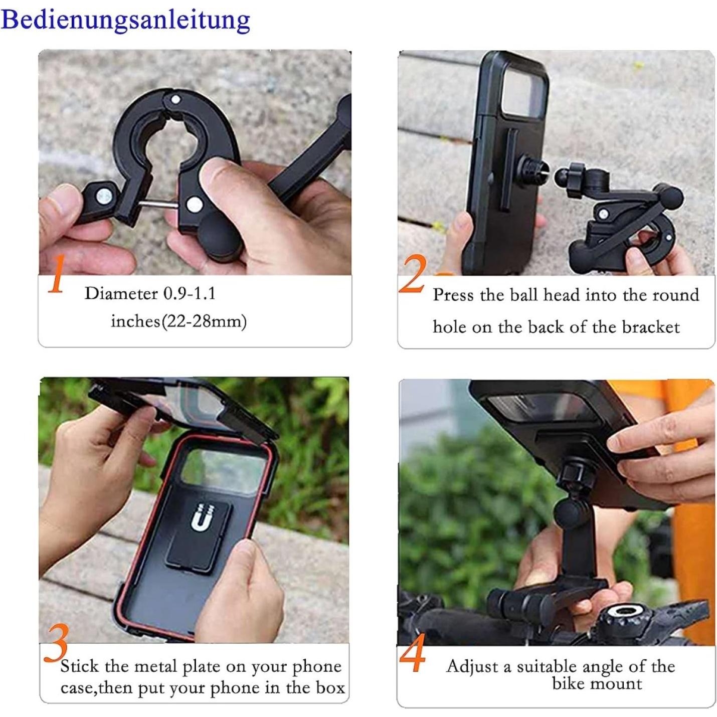 Instructieafbeelding in vier stappen die laat zien hoe u een onzichtbare mobiele telefoonhouder voor alle smartphones op een fietsstuur installeert, inclusief het bevestigen en afstellen van de houder.