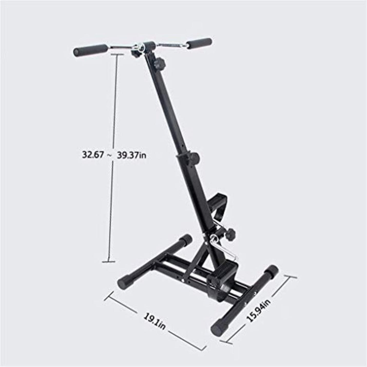Zwarte verticale klimmer-oefenmachine, Hometrainer voor ouderen: verbetering van uw gezondheid en vitaliteit, met gelabelde afmetingen, geïsoleerd op een lichtgrijze achtergrond.