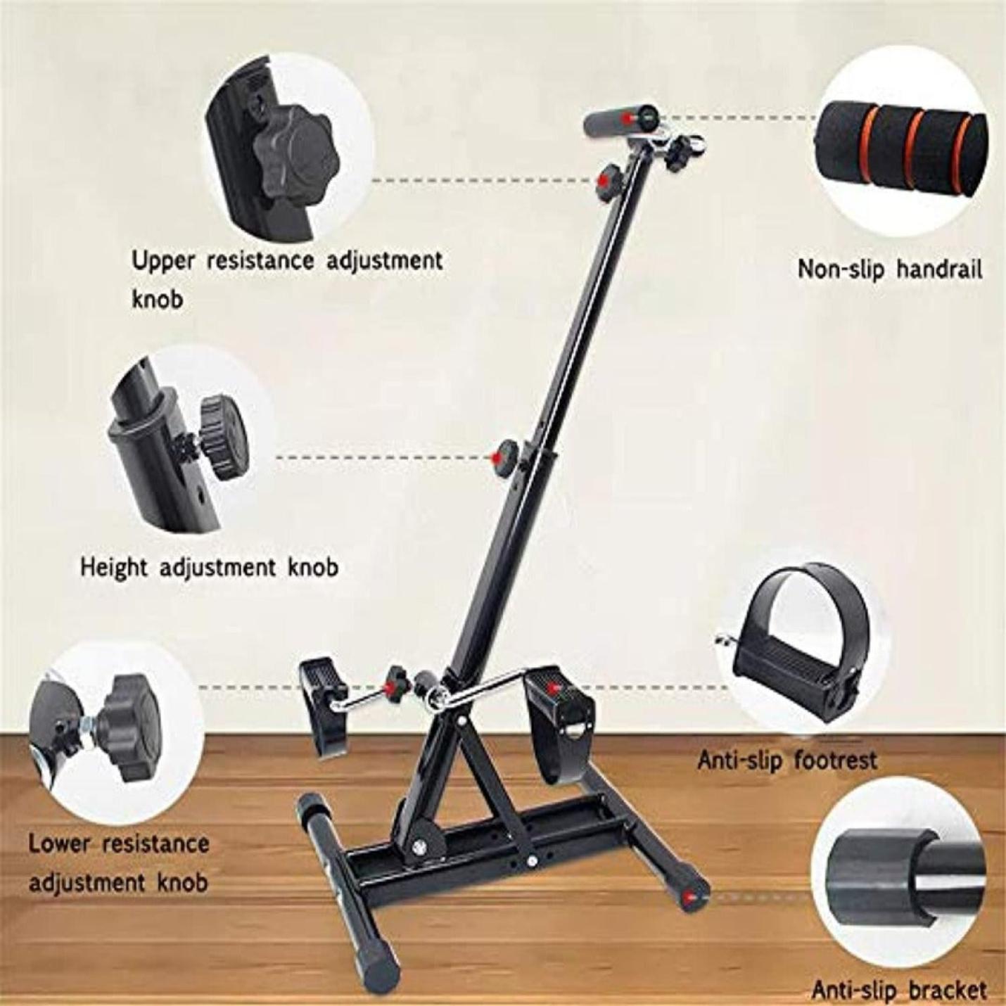 Illustratie van de componenten van de Hometrainer voor ouderen, gelabeld met functies zoals weerstands- en hoogteverstelknoppen, antisliphandleuning en antislipvoetsteun. Deze hometrainer voor ouderen benadrukt ook elementen die gewrichtsklachten verminderen.