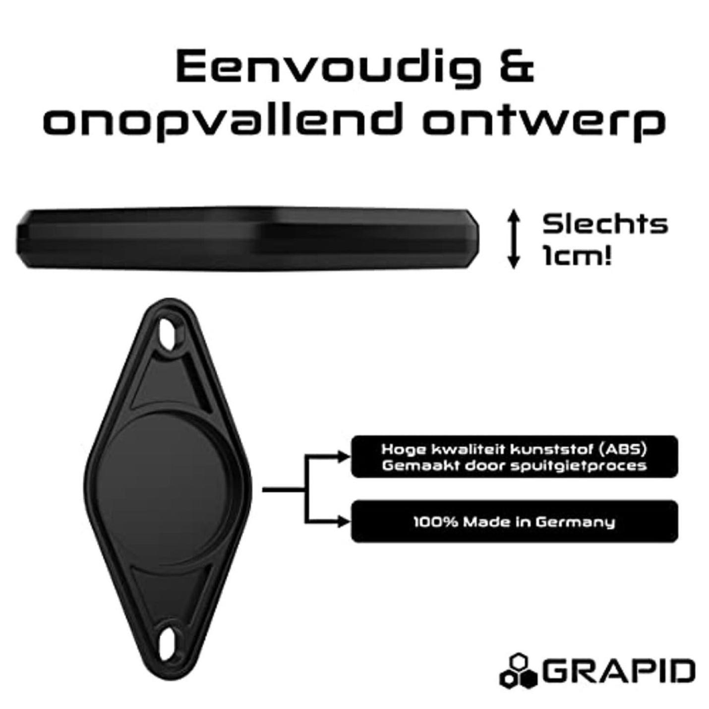 Advertentie voor een zwarte, plastic fietshouder met eenvoudig ontwerp, met het opschrift "eenvoudig & slank ontwerp", wat duidt op hoogwaardige ABS-constructie, zonbestendig en gemaakt in Duitsland. Bescherm uw fiets met de ultieme fietshouder AirTag diefstalbeveiliging.
