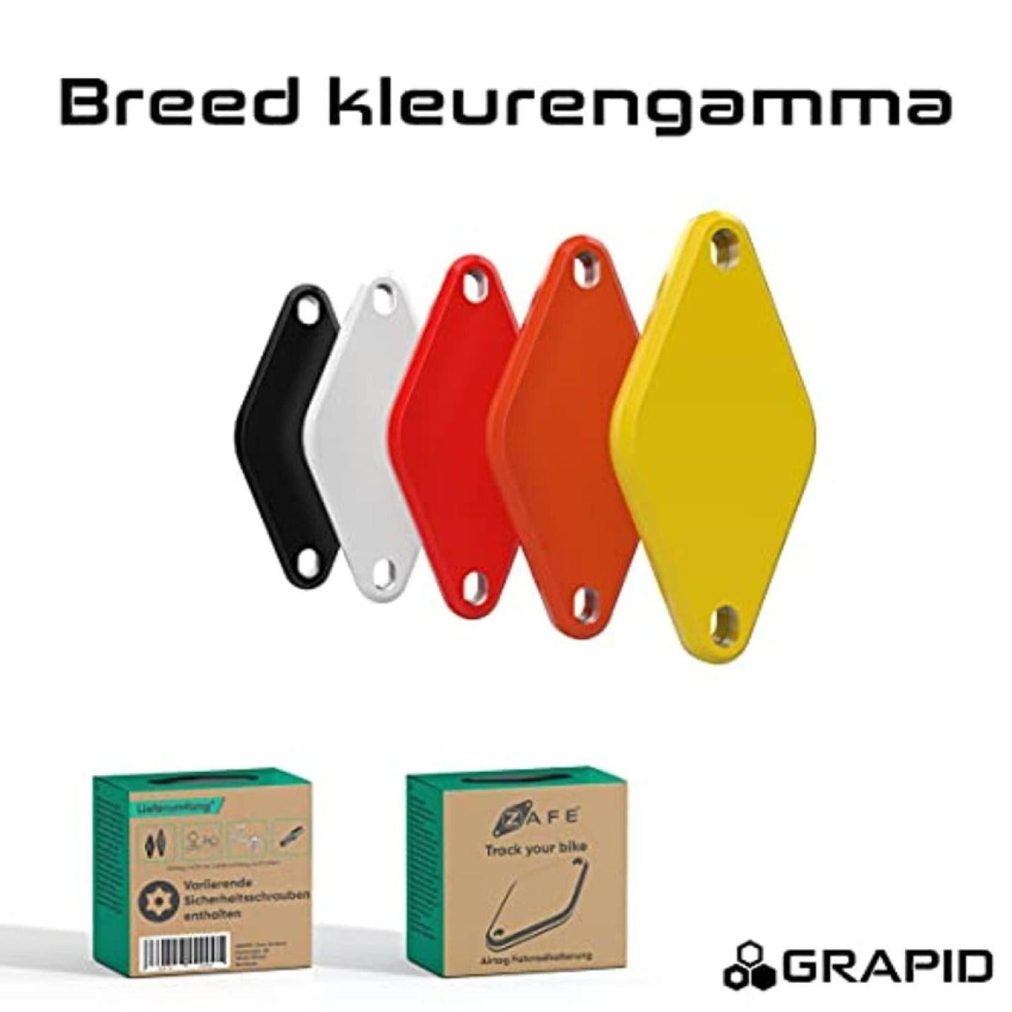 Vijf Bescherm je fiets met de ultieme fietshouder AirTag diefstalbeveiliging-sleutelhangers in de kleuren zwart, wit, rood, oranje en geel, weergegeven boven twee productdozen met het label "track your bike" van grapid met diefstalbeveiliging.