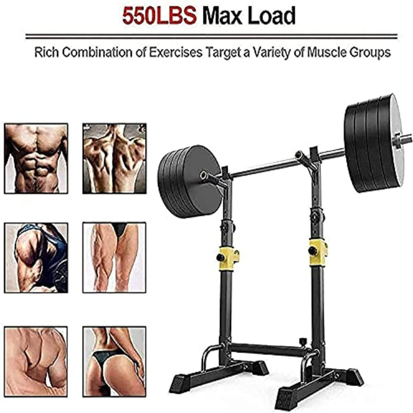 Zin met productnaam: Verstelbare squat rack voor je thuisgym, met naast een maximale belasting van 550 lbs, duidelijke afbeeldingen waarin diverse spiergroepen worden getoond.