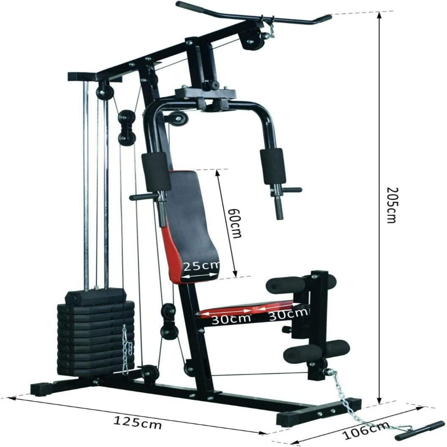 Transformeer je lichaam met ons veelzijdige krachtstation - Bereik je fitnessdoelen als nooit tevoren! met een gewichtenstapel, een verstelbare stoel en verschillende katrollen voor krachttraining, met aangegeven afmetingen.