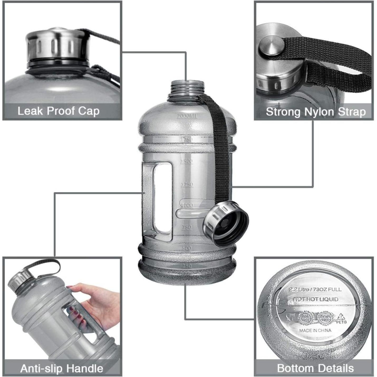 Grote waterfles, 2,2 l, 2,2 l, 75 oz grote lekvrije sportkan met handvat, enorme BPA-vrije PETG-plastic drinkfles met brede mond voor fitness, sportschool, fietsen, reizen, outdoor waterkan - happygetfit.com