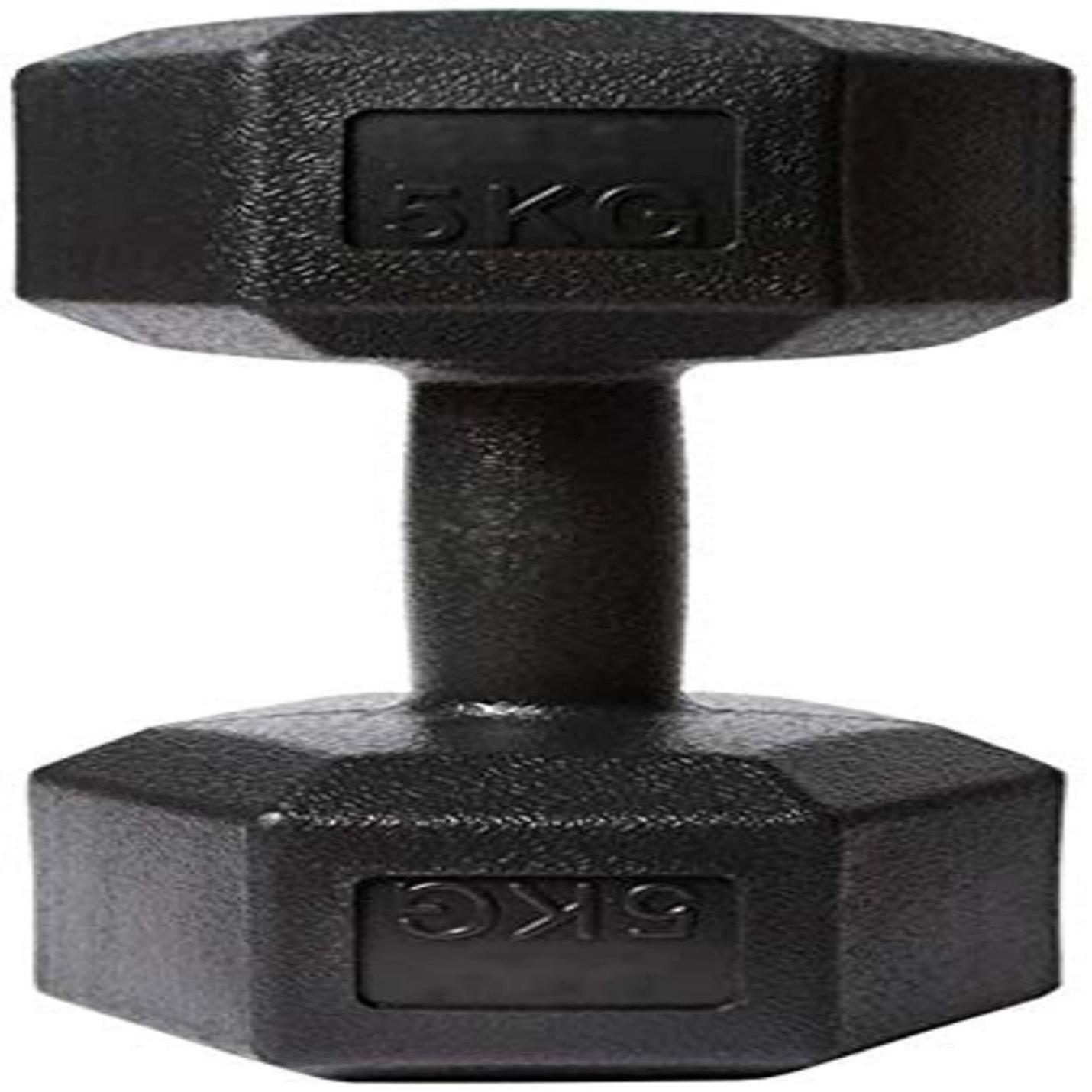 Een 5 kg zwarte hexagonale eco vriendelijke dumbbellset voor thuisfitness.