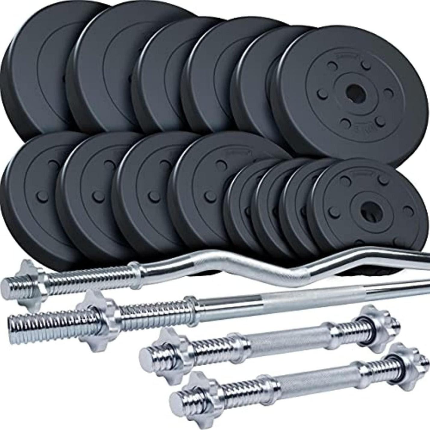 Ontketen je kracht met de mogelijke halterset van 80 kg - de ultieme uitrusting voor serieuze fitnessdoelen met zwarte gewichten en drie zilveren metalen halterstangen, inclusief spinlock-sluitingen.
