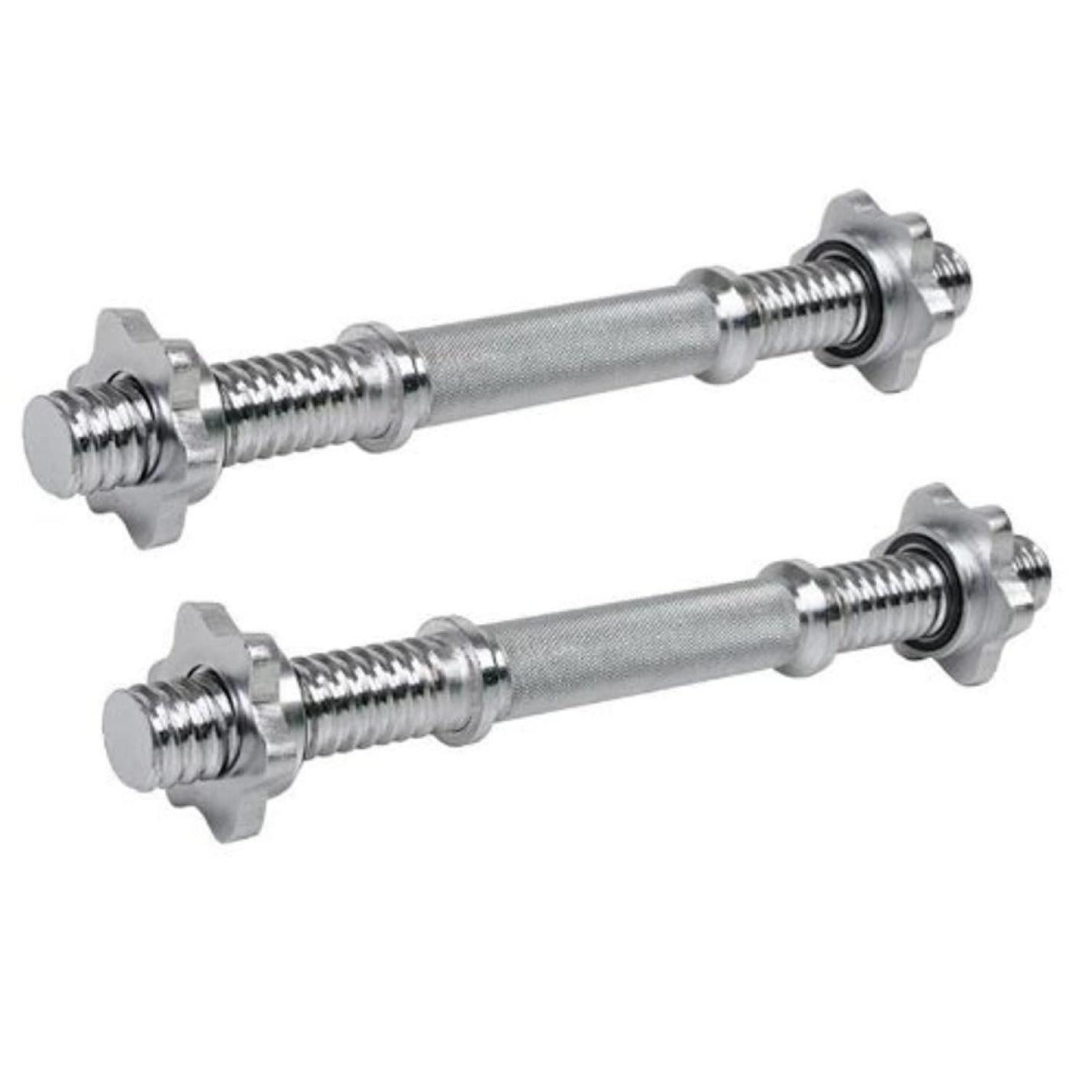 Twee metalen Transformeer je training met de gebruikelijke halterstangen met spinlockkragen op een witte achtergrond, ideaal voor een complete training.