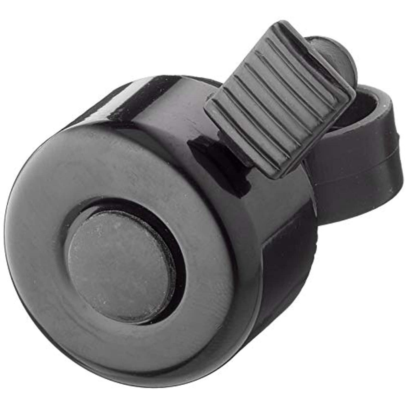 Zwarte plastic bureaukabelclip met Veiligheid en stijl op de weg met de Happygetfit zwarte luide fietsbel.
