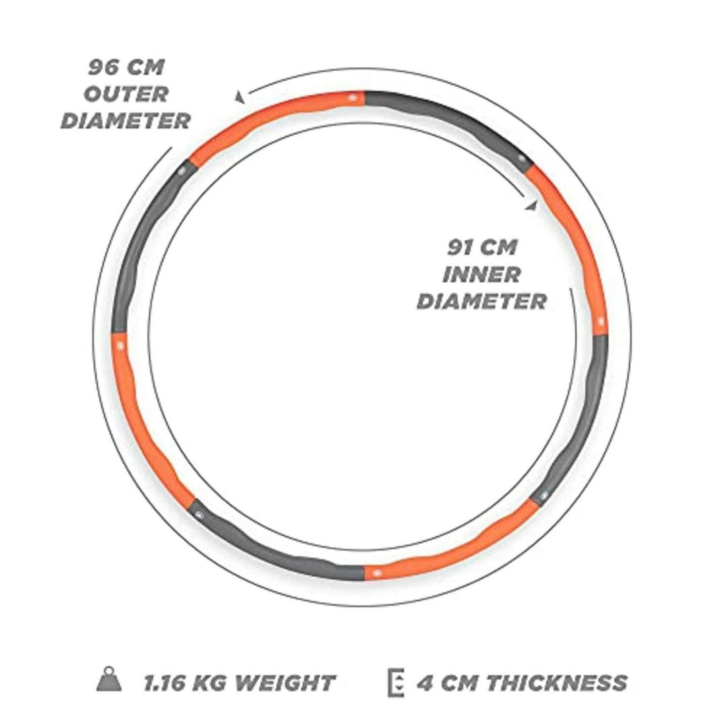 Illustratie van een Hoelahoep met gewicht met gelabelde afmetingen, met een buitendiameter van 96 cm, een binnendiameter van 91 cm, een gewicht van 1,16 kg en een dikte van 4 cm. Deze verzwaarde hoelahoep is ontworpen voor buikspieren trainen.