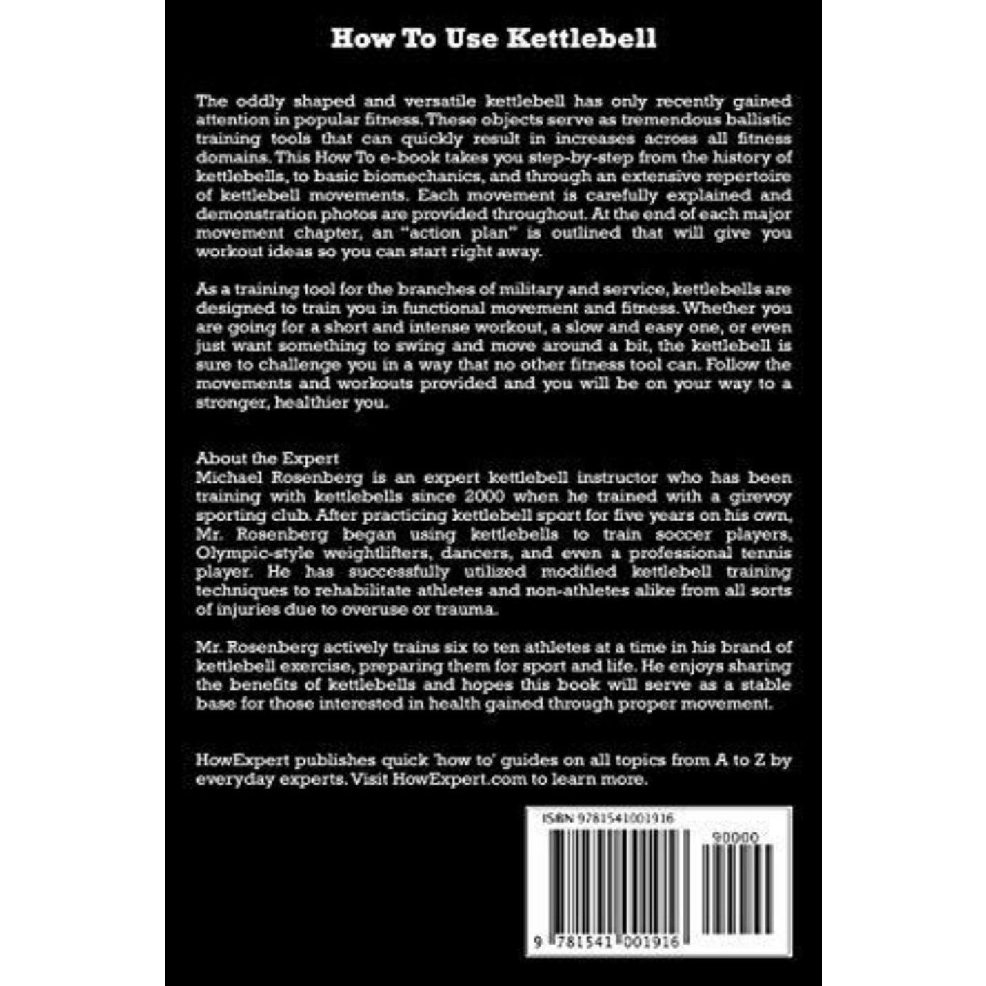Achterkant van het boek "Hoe Kettlebell te gebruiken: uw stapsgewijze handleiding voor het gebruik van Kettlebells", met een tekstbeschrijving van functionele beweging, een ISBN-barcode en informatie over de uitgever.