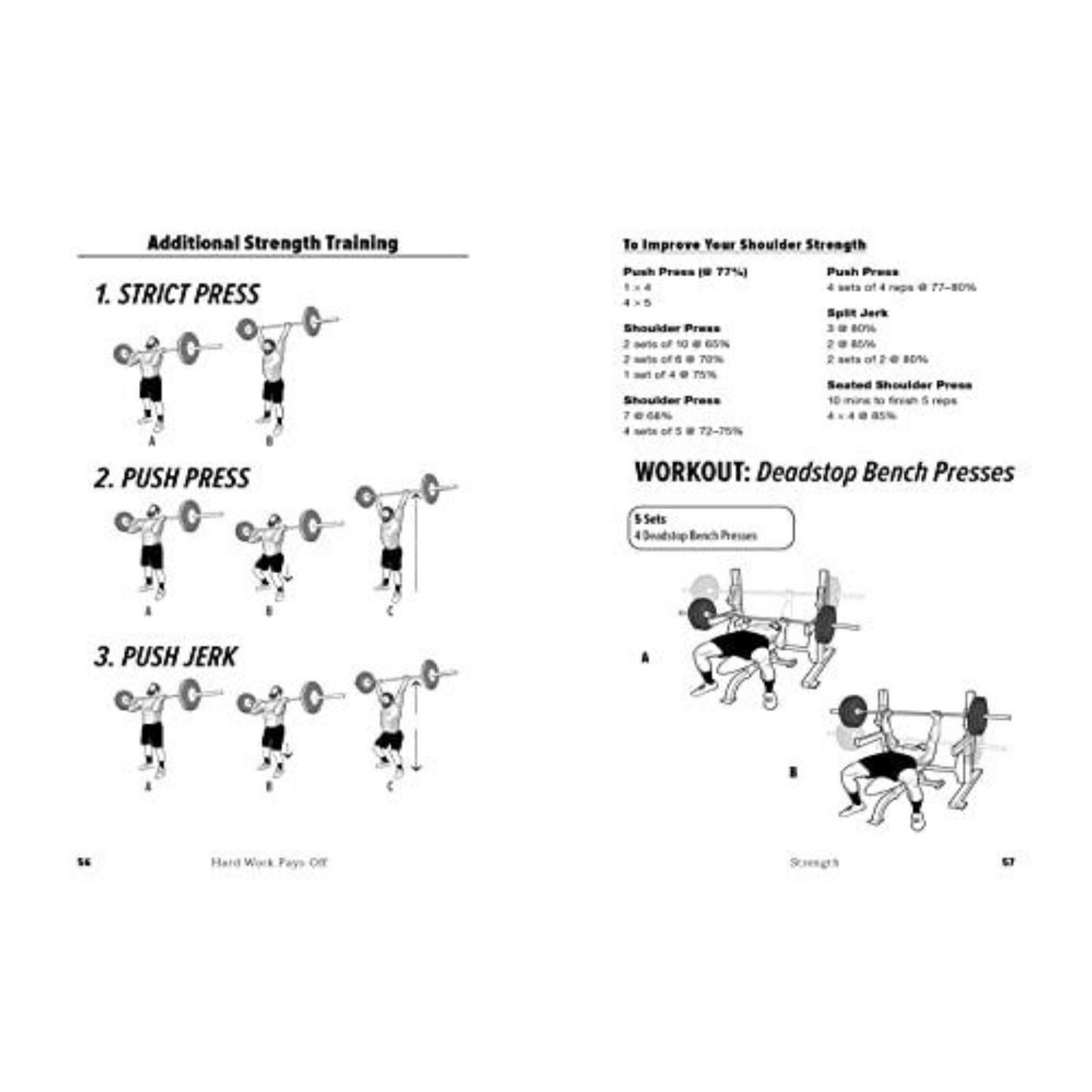 Illustraties uit HWPO: Hard werken loont met oefeningen: CrossFit-trainingsstappen, push-presses en push-jerks op de linkerpagina; schouderkrachttrainingstips en trainingsplan op de rechterpagina.