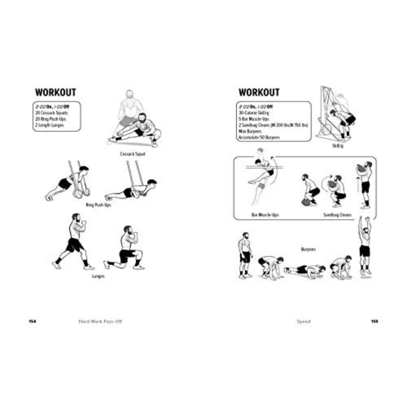 Pagina's uit een HWPO: Hard werken loont trainingsgids met geïllustreerde oefeningen voor benen en burpees, met stapsgewijze afbeeldingen en tekstbeschrijvingen.