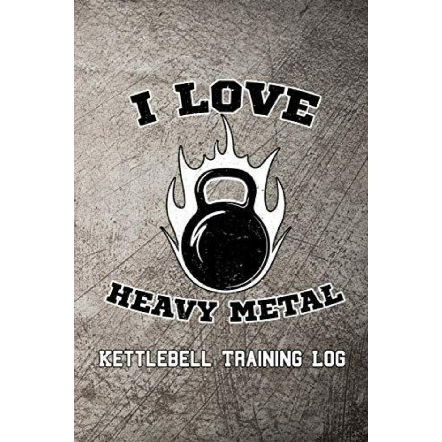 Een omslag van een trainingslogboek met de zin 'I love heavy metal', waarbij de nadruk wordt gelegd op kettlebell-training.
Productnaam: I Love Heavy Metal Kettlebell-trainingslogboek