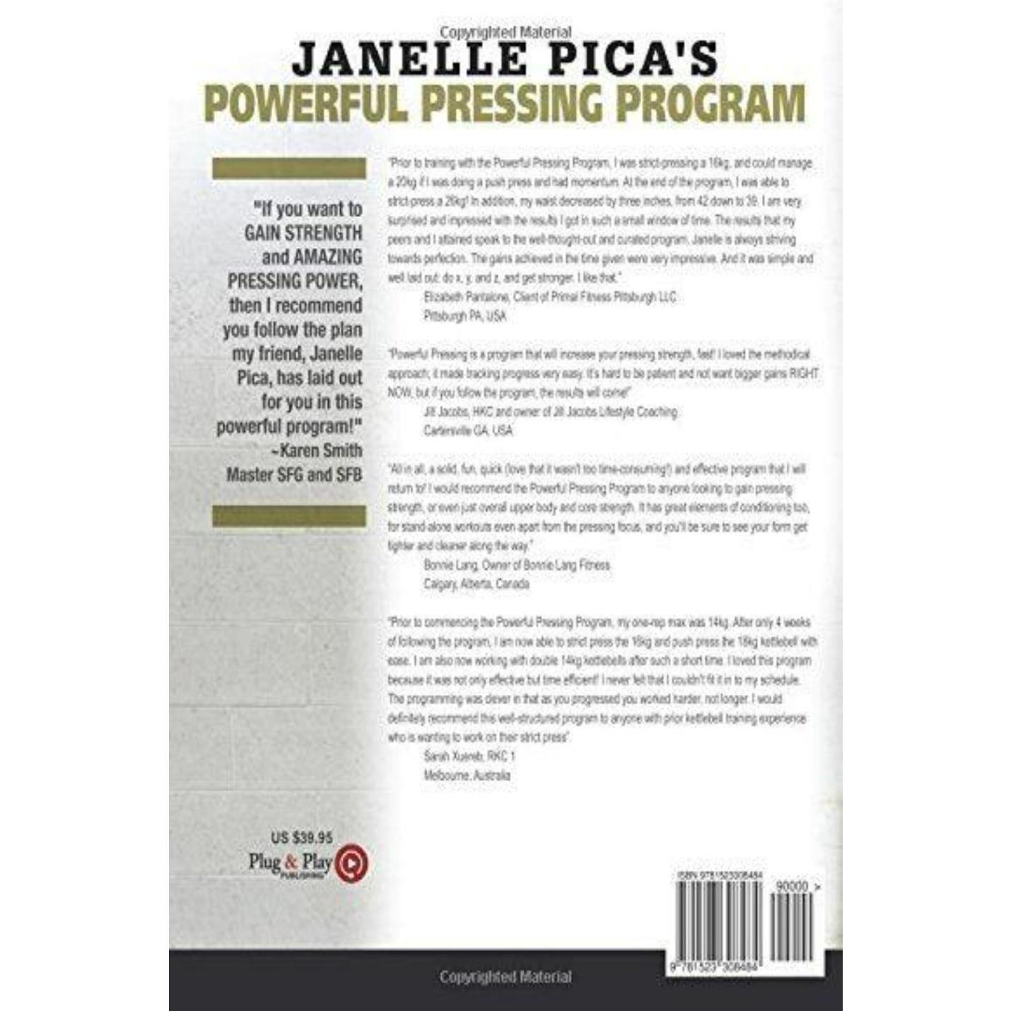 Achterkant van het boek "Janelle Pica's Powerful Pressing Program: The Quest for the Kettlebell 1-Rep Max Military Press" met een beschrijving, getuigenissen en een streepjescode met een prijskaartje van $ 34,95.