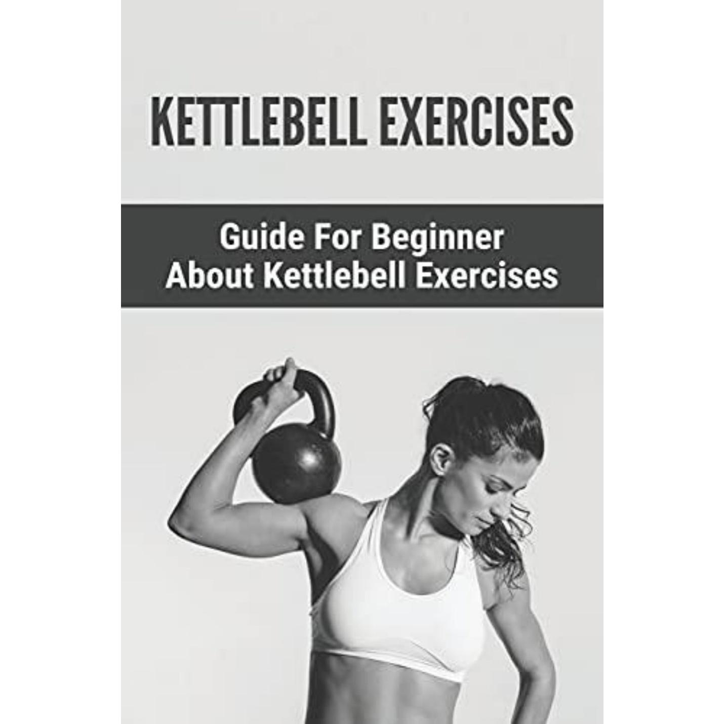 Vrouw die een kettlebell-oefening uitvoert, met de tekst erboven: "Kettlebell 8Kg: gids voor beginners over Kettlebell-oefeningen".