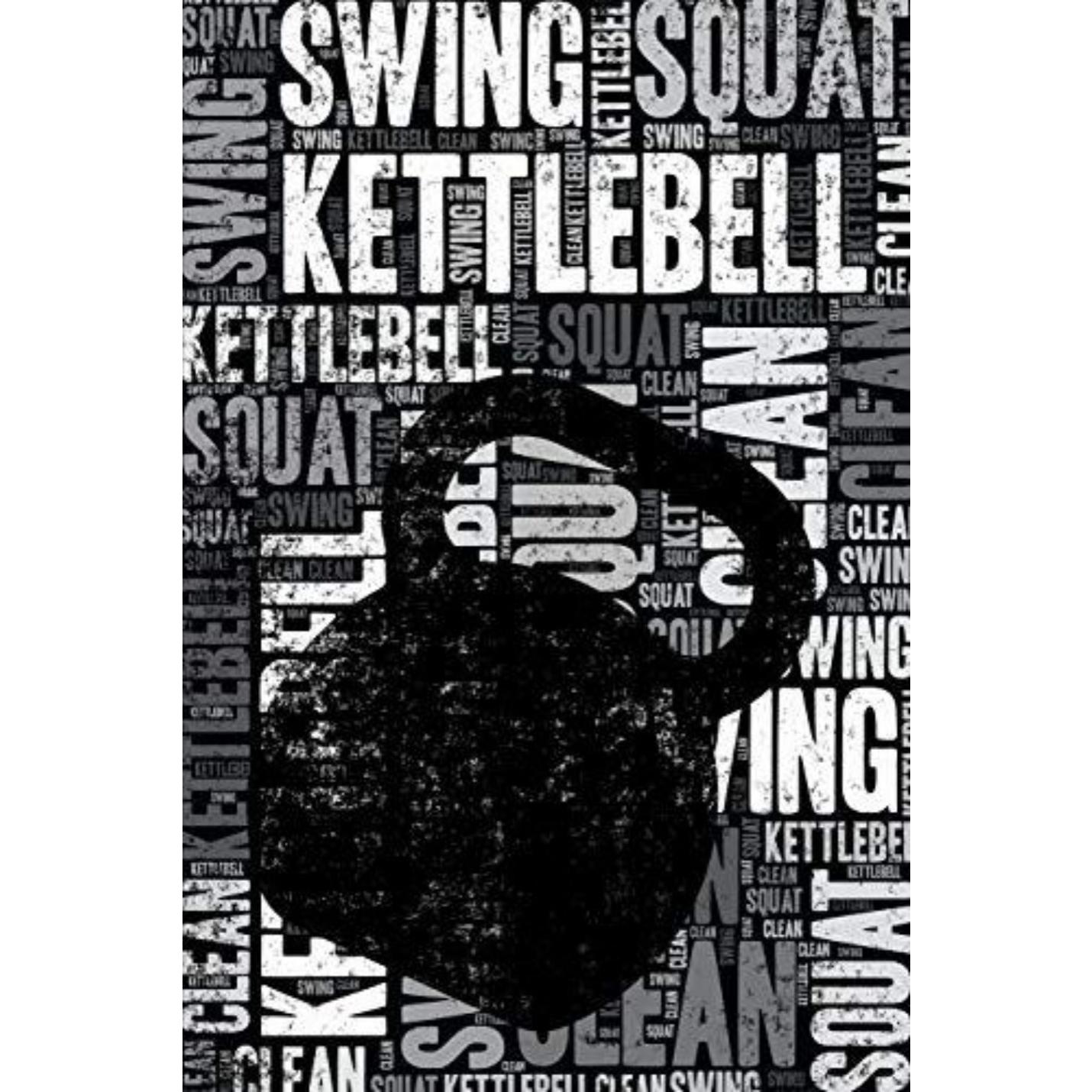 Zwart kettlebell-silhouet met fitnessgerelateerde woorden en "Kettlebell Journal: Cool Blank Lined Kettlebell Lovers Notebook for Practitioner and Instructor" op de achtergrond.