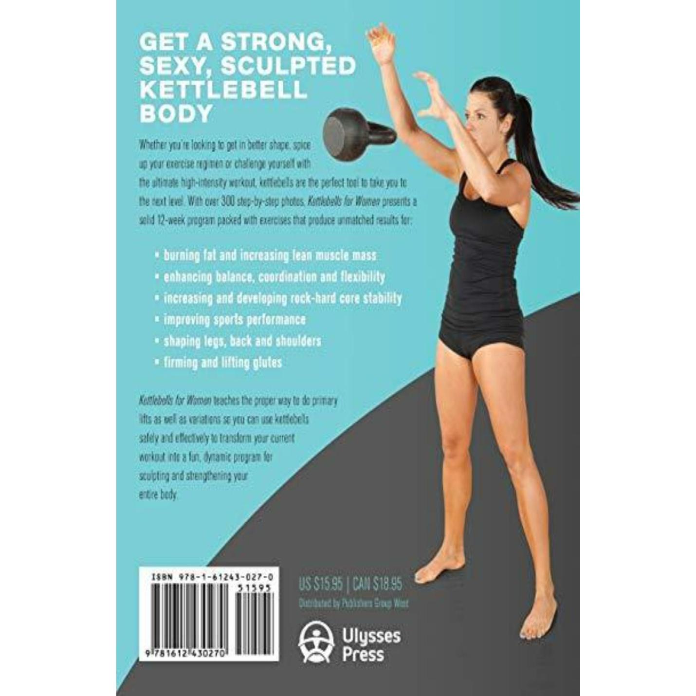 Zin met productnaam: Vrouw die een Kettlebells for Women-training uitvoert tegen een grijze achtergrond, waarbij ze een armbeweging demonstreert, als onderdeel van haar vetverbrandende trainingsregime, met omslagtekst en details over de publicatie van het boek.