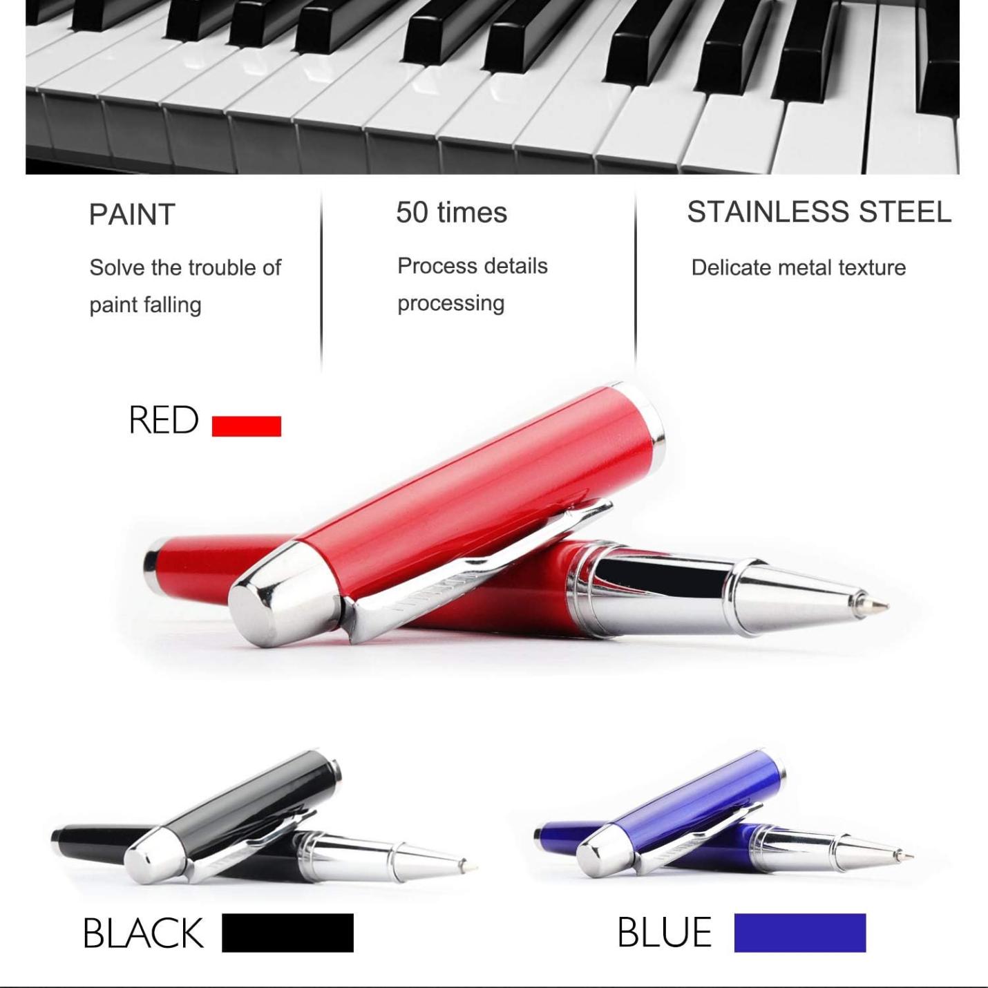 Een advertentie die de kenmerken van de Laat een blijvende indruk achter met deze elegante en hoogwaardige rollerbalpen in rood, zwart en blauw indirect, met nadruk op verfkwaliteit, detailverwerking en