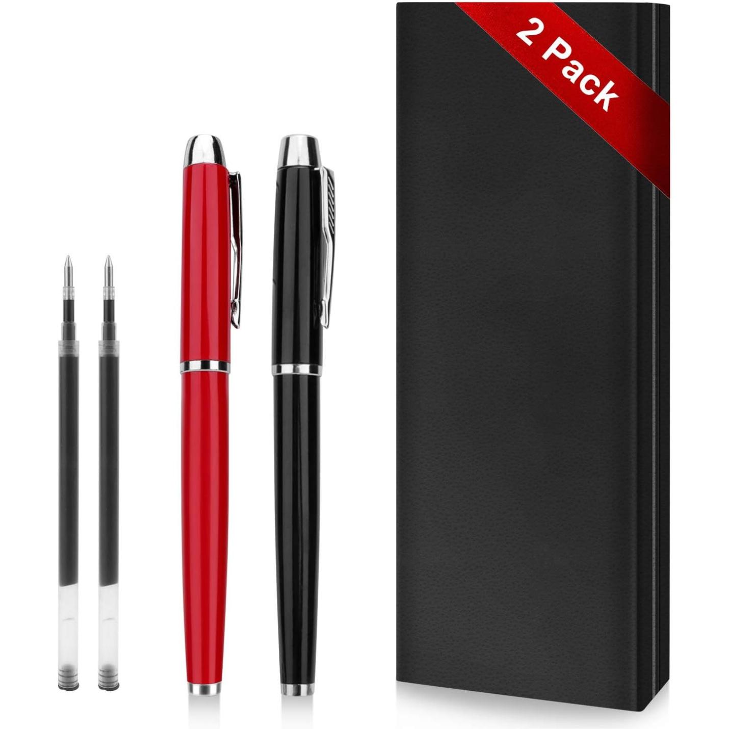 Tweepak notitieboekjes vergezeld van een "Laat een blijvende indruk achter met deze elegante en hoogwaardige rollerbalpen"-set voor een soepele schrijfervaring.