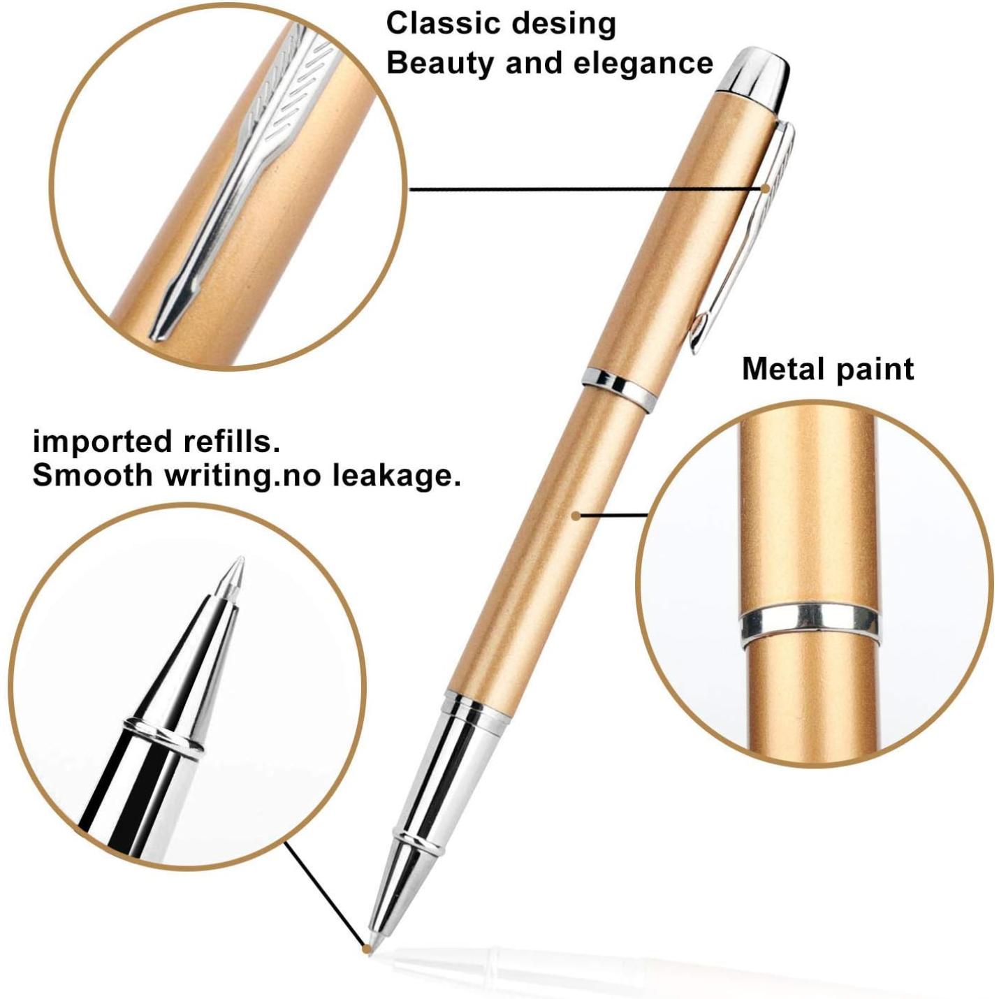 Een elegante Staedtler metallic rollerbalpen met kenmerken die het klassieke ontwerp, soepele schrijfmogelijkheden, geïmporteerde vullingen en metalen verfafwerking benadrukken.