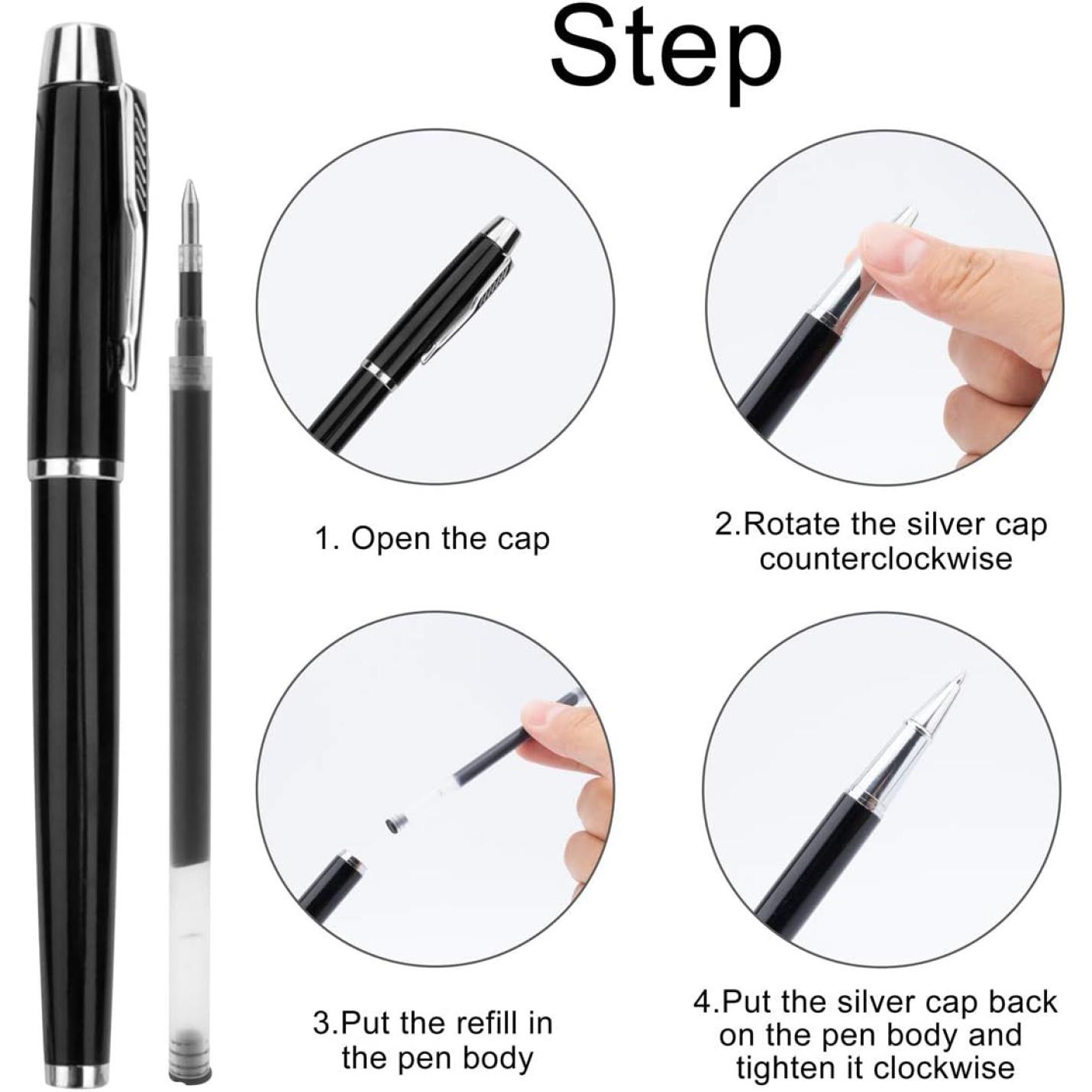 Een stapsgewijze instructie-afbeelding die laat zien hoe je de inktvulling vervangt in de Laat een blijvende indruk achter met deze elegante en hoogwaardige rollerbalpen.